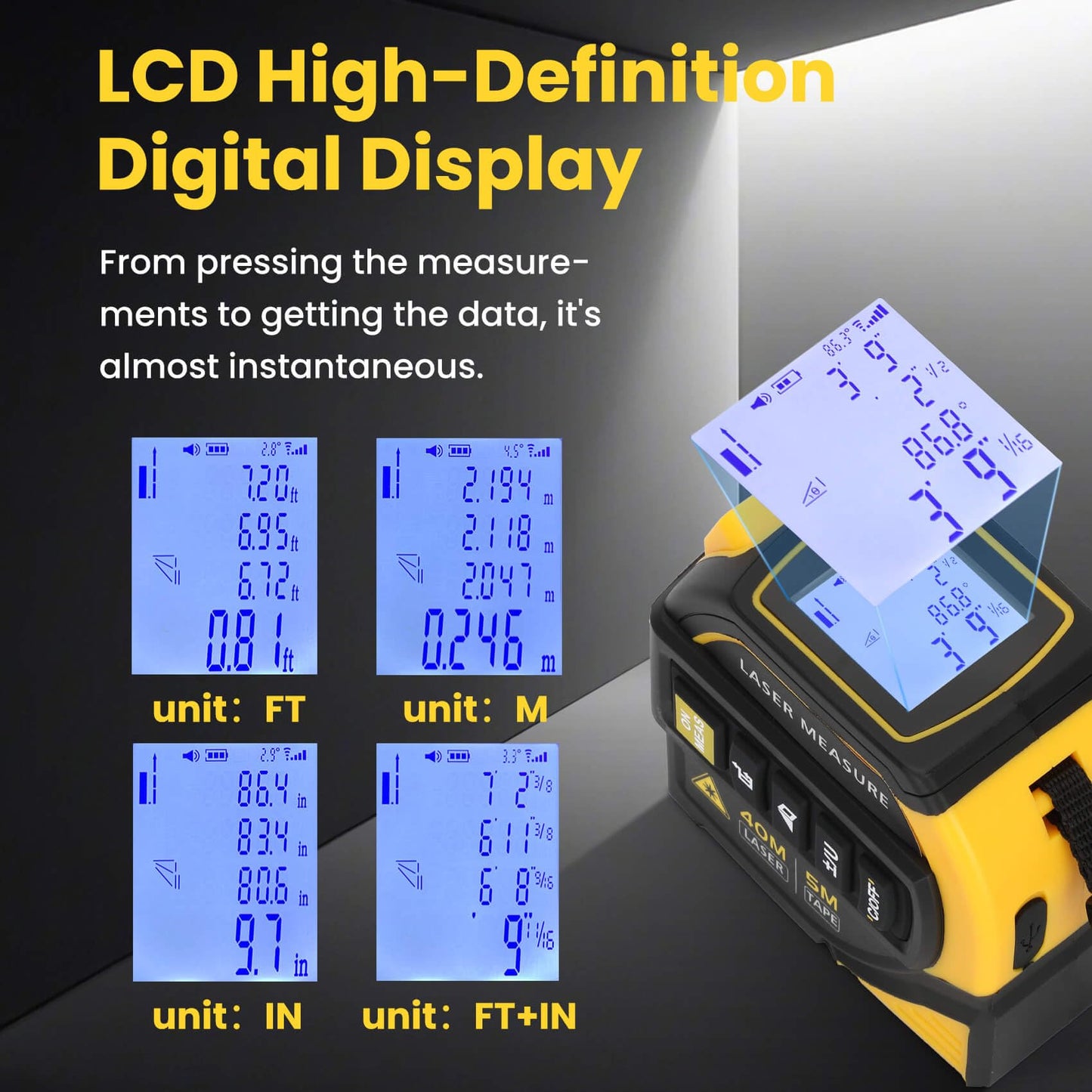 4-in-1 Laser Tape Measure with Level and Crosshairs, 16FT AutoLock Measuring Tape and 130FT Laser Measurement Tool with Large LCD Display, Area, Volume, Pythagorean, Cosine