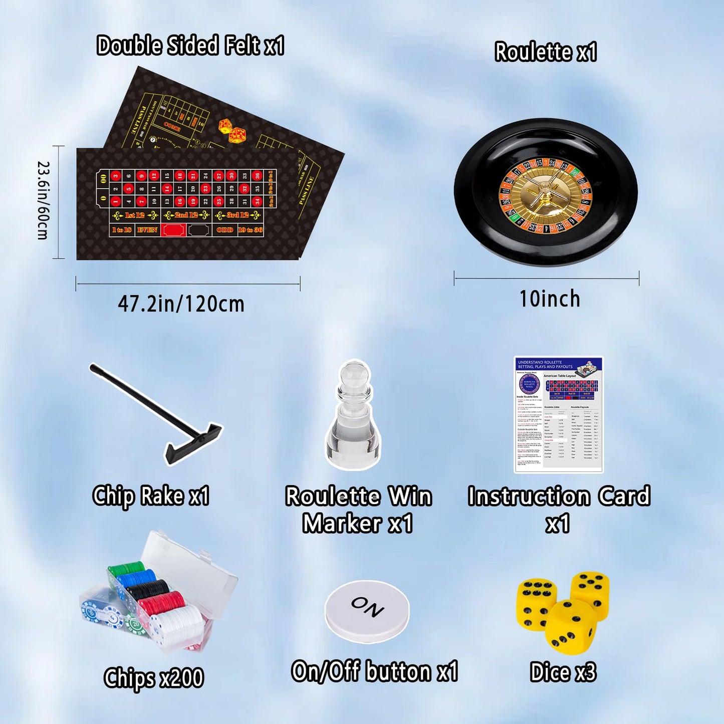 Roulette Wheel and Craps Set with Large Double Sided Felt, 10 Inch Roulette Wheel, Chip Rake, 200 Chips, Roulette Marker, 3 Dices, Perfect for Game Night Party