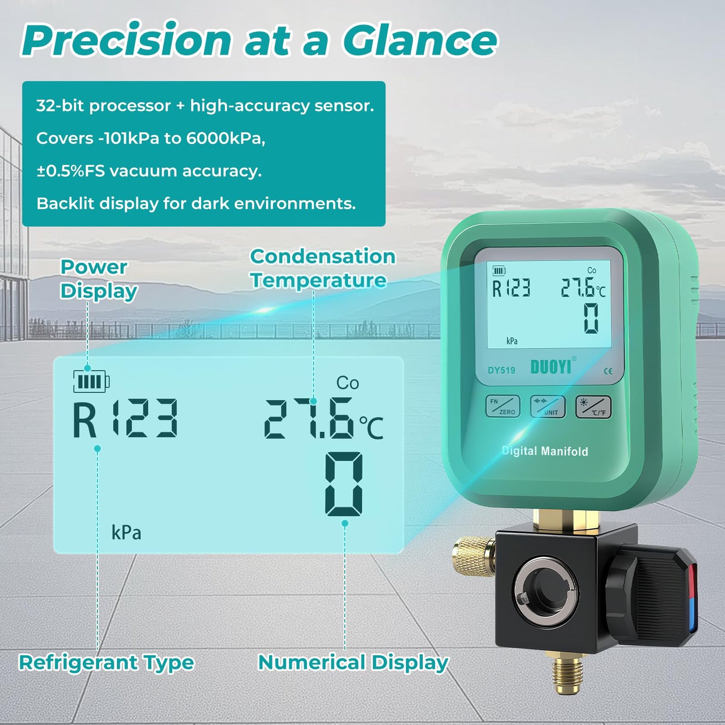 DUOYI DY519 3-in-1 HVAC Digital Manifold Gauge Refrigerant Charging, Vacuum Testing & Leak Detection 24 Refrigerant NIST Compatible High Precision Pressure Meter for AC Pros & DIYers