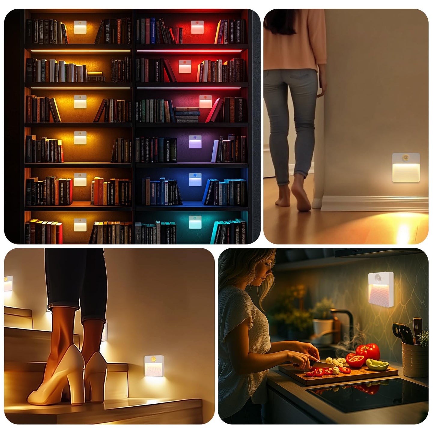 Guankai 16 Pack Rechargeable Motion Sensor Stair Light for Indoor, RGBW Battery Operated Closet Lights, Stick On Night Lamp, Motion Activated Magnetic Lighting Lamps for Step,Cabinet,Hallway,Bathroom