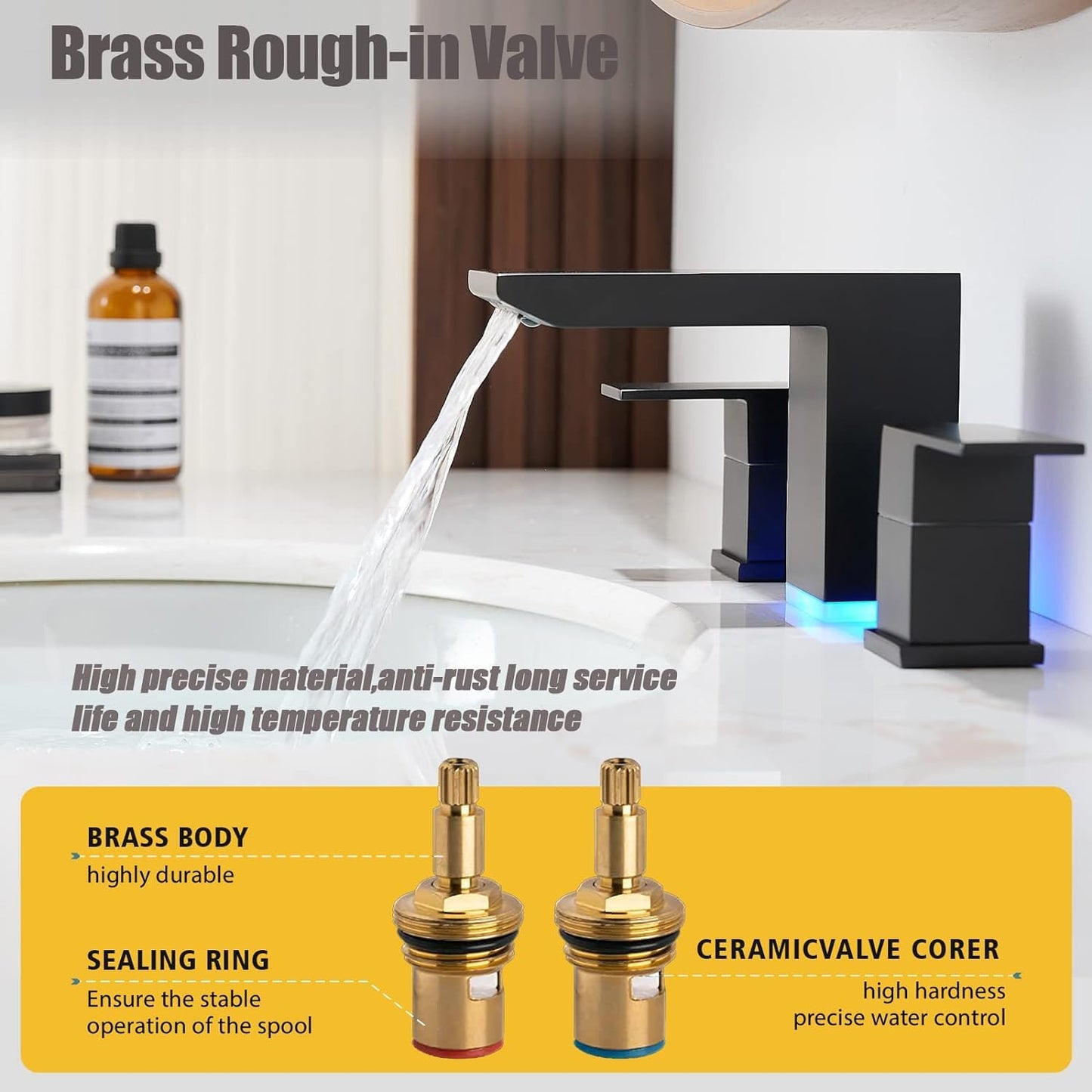 BESy Led 3 Hole Bathroom Sink Faucet, Matte Black Waterfall Widespread Bathroom Faucet with 3 Colors Light Changing, 2 Handle with Supply Lines with Pop Up Drain