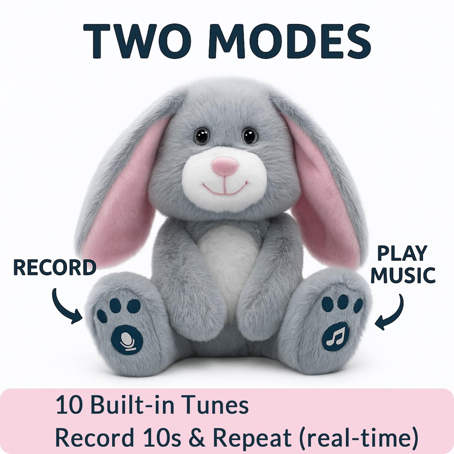 YH YUHUNG Easter Bunny Interactive Talking Plush Toy, Voice Repeat & Record, 10 Songs with Flapping Ears, Volume Control, Animated Stuffed Rabbit Easter Basket Stuffers for Toddlers Kids, Soft Gray