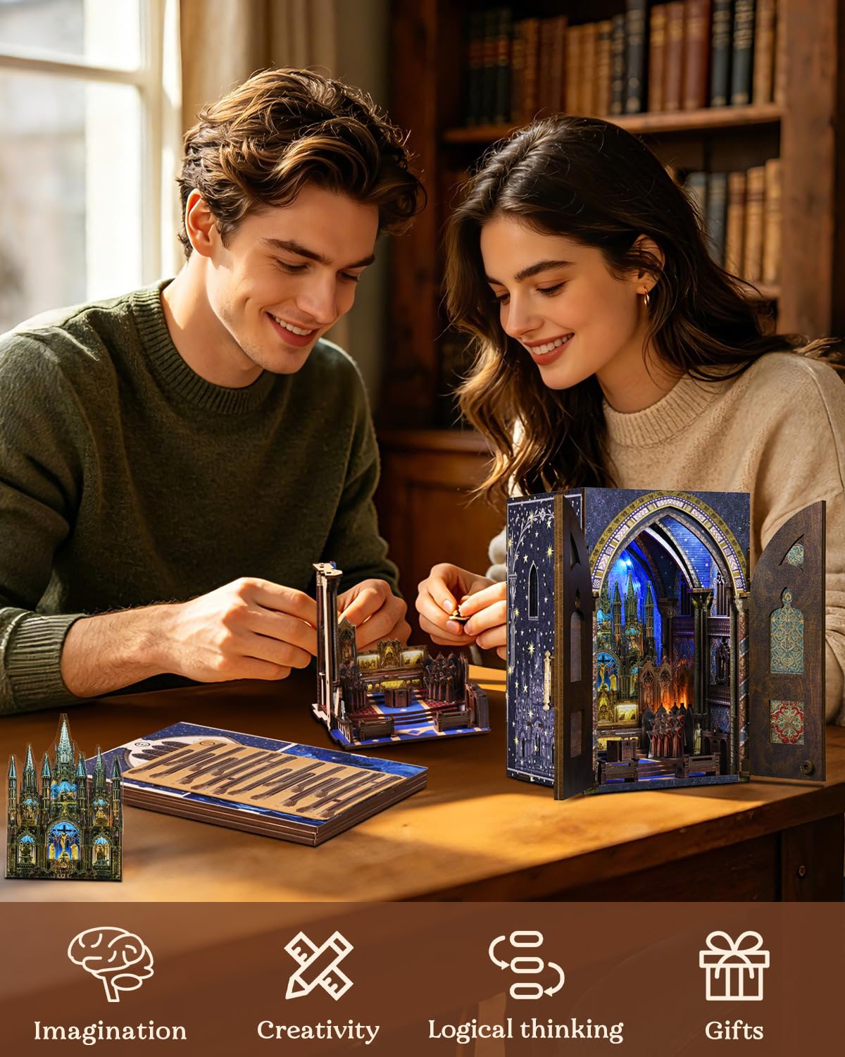 CCCDF DIY Wooden Dollhouse Kit, Gothic Revival Miniature with Dustproof Door, 2-3 Hours Assembly Creative Craft for Adults Bookshelf Decor (Notre-Dame Basilica