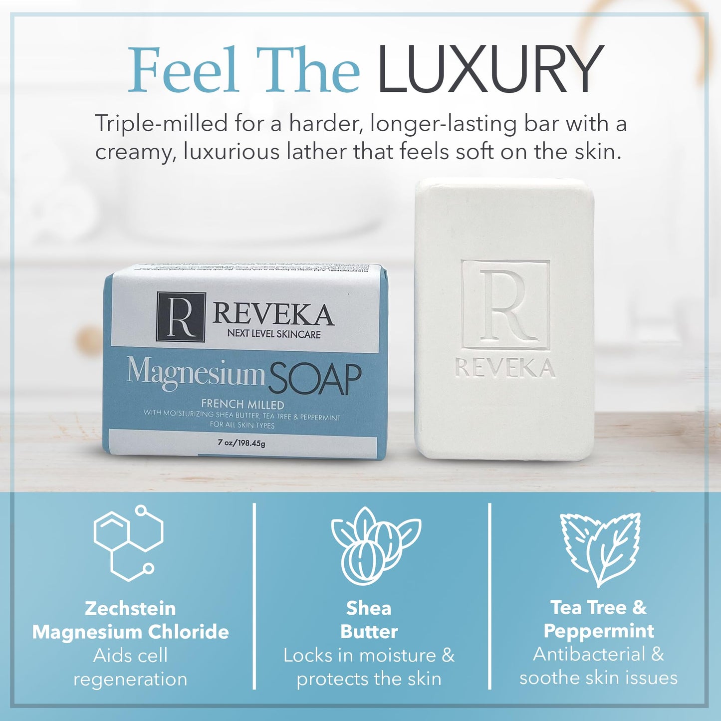 Reveka Skincare 4-Pack Magnesium Soap Bar - 4-in-1 Natural Soap Bar for Face, Body, Hair & Shaving | Triple Milled Bar Soap with Shea Butter, US-Crafted Peppermint Soap, 4 Bars (7 oz. Each)