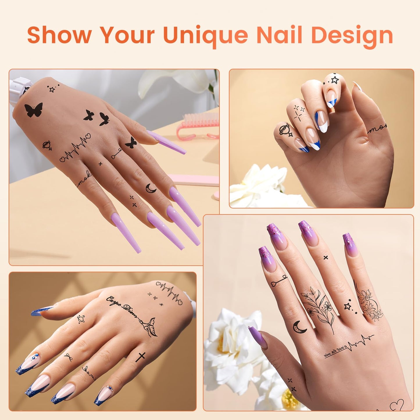 Wilfniee Silicone Practice Hand for Acrylic Nails With Removable DIY Tattoo Stickers - Flexible Silicone Hand for Nail Practice - Realistic Nail Mannequin Hand to Practice Acrylic Nails for Beginners