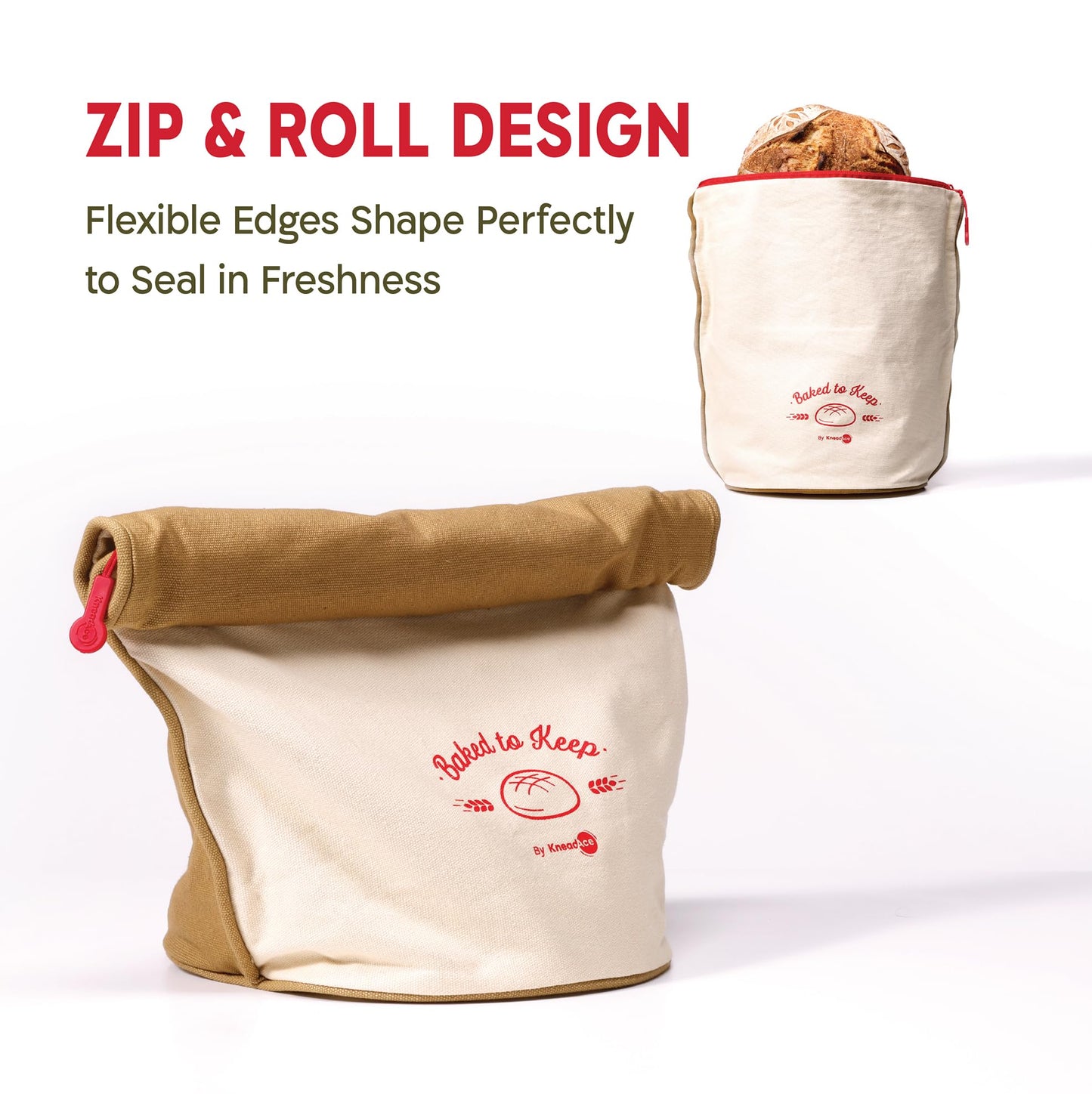 KNEADACE Bread Bags for Homemade Bread -Stylish Sourdough Bread Storage with Roll-Top Design, 100% Cotton & Food-Safe Lining, Eco-Friendly, Gift For Bakers & Home Bakers (2 Pack)