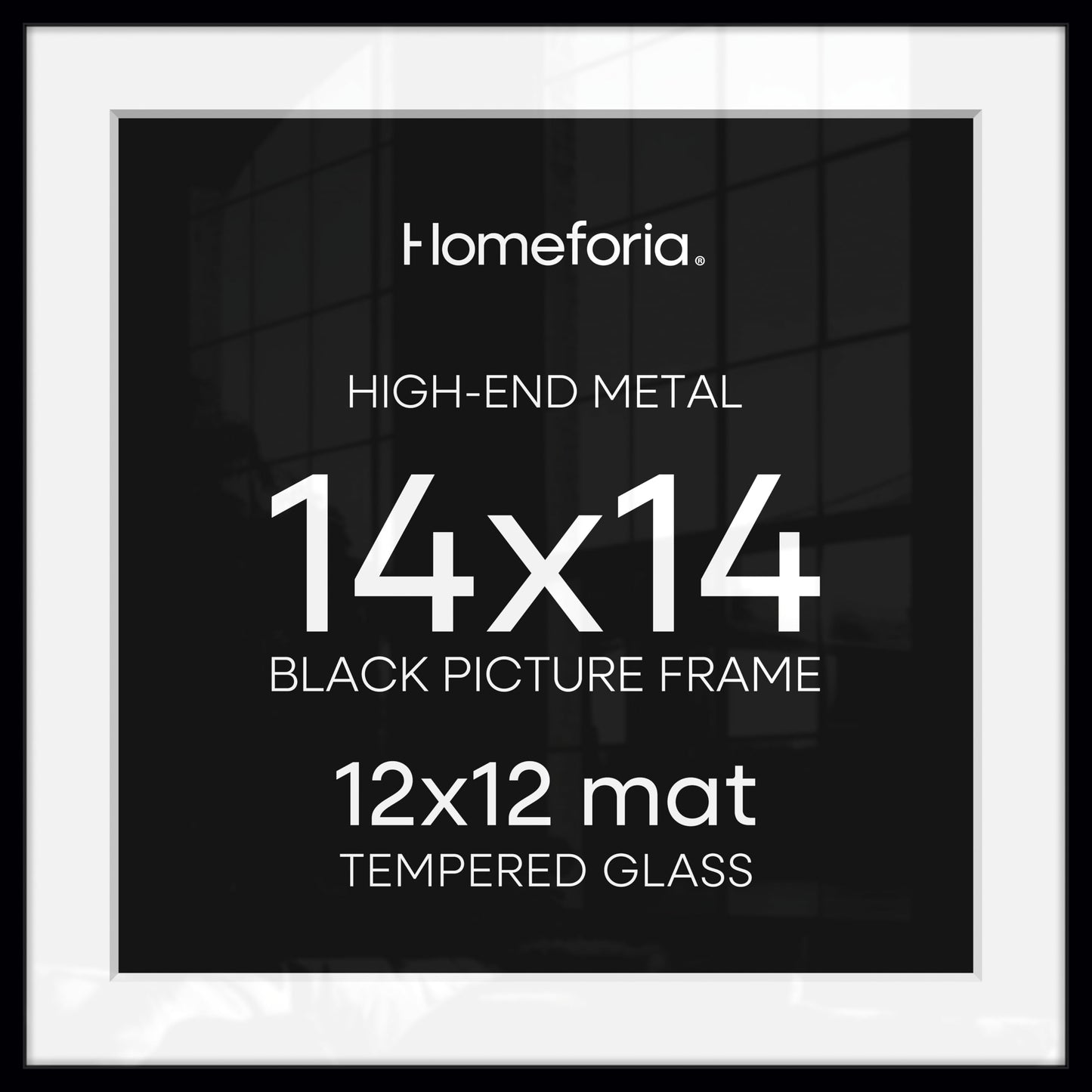 Homeforia 14x14 Picture Frame Black, High End Metal 14 x 14 Square Poster Frames with Mat 12 x 12 Photo, 14x14 Black Frame Matted to 12x12 Print, 14by14 Thin Frames, Tempered Glass, Wall Kit, Set of 1