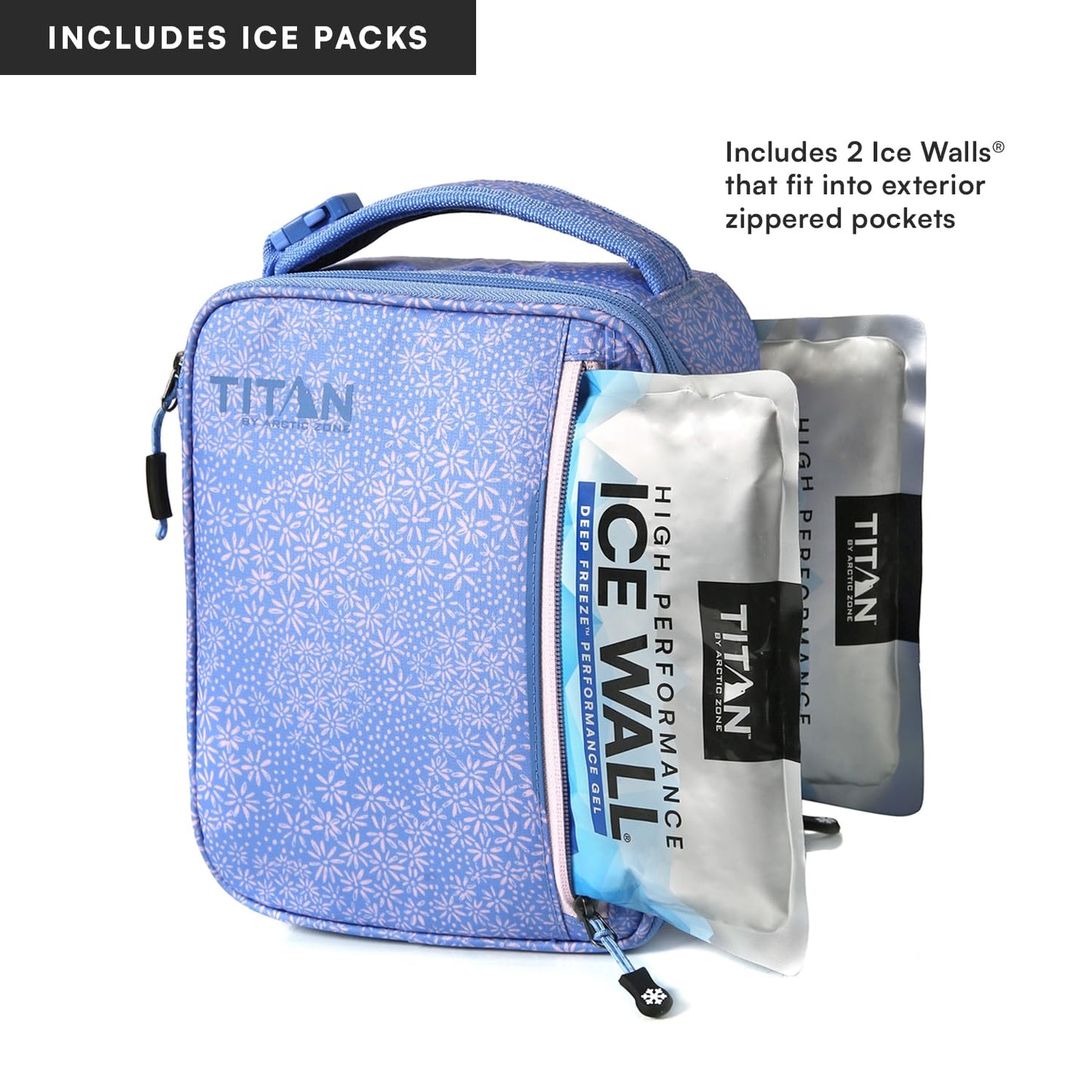 Titan by Arctic Zone Fridge Cold Lunch Box with 2 Gel Ice Packs, Small Insulated Cooler Bag with Leak Proof Lining for School and Work, Blooming Daisies