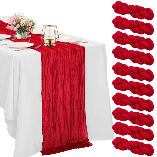 10 Pack Red Cheesecloth Table Runner 10FT Boho Gauze Fabric Table Runner Vintage Rustic Sheer Runners for Wedding Party Bridal Baby Shower Long Table Decorations