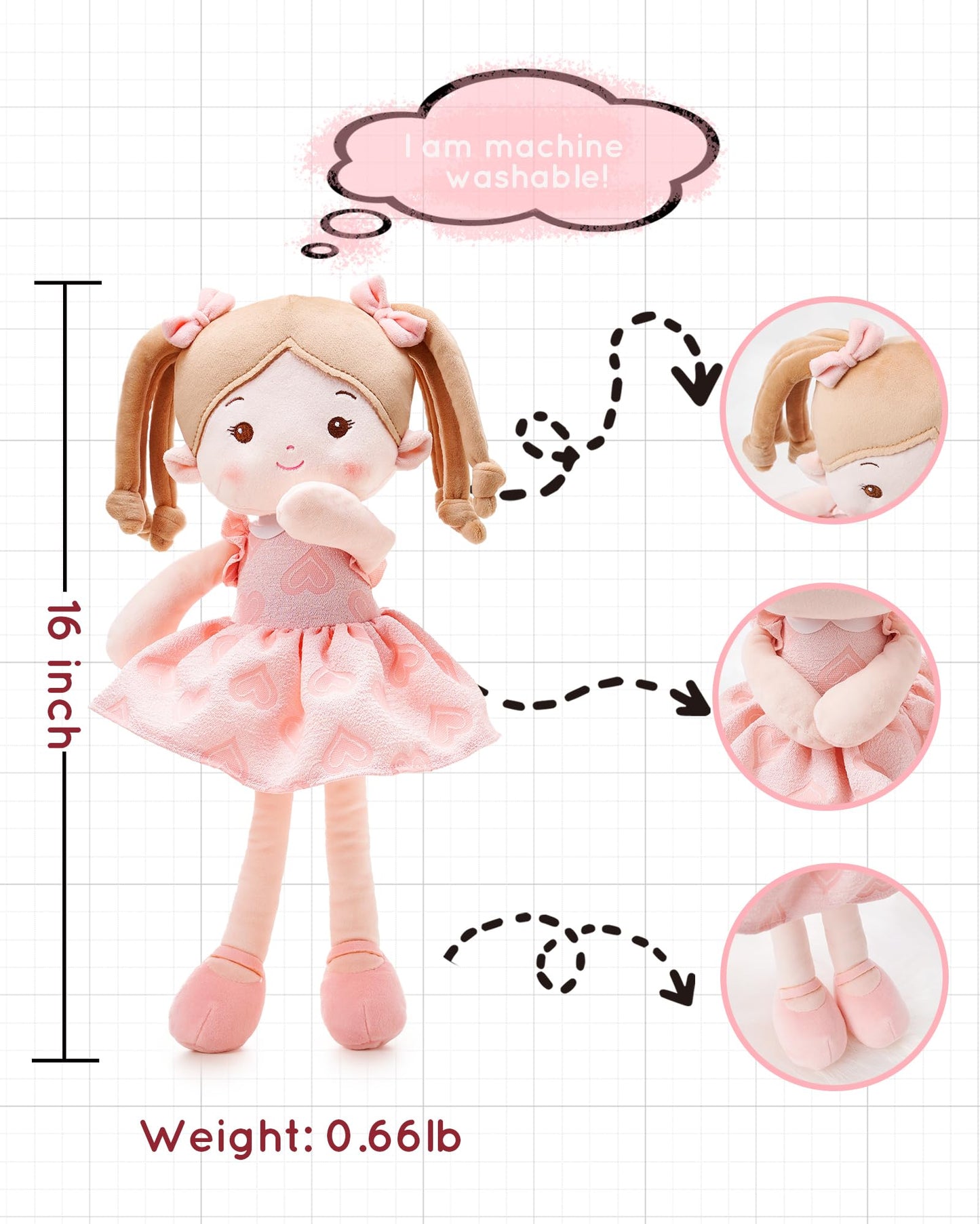 LeyaDoll Soft Baby Doll Toys (16''), My First Baby Rag Doll for 1 Year-Old Girl Birthday Gift, Leya Doll Christmas Plush Toys Gift for Toddler Kids Infants -Sweetheart Girl