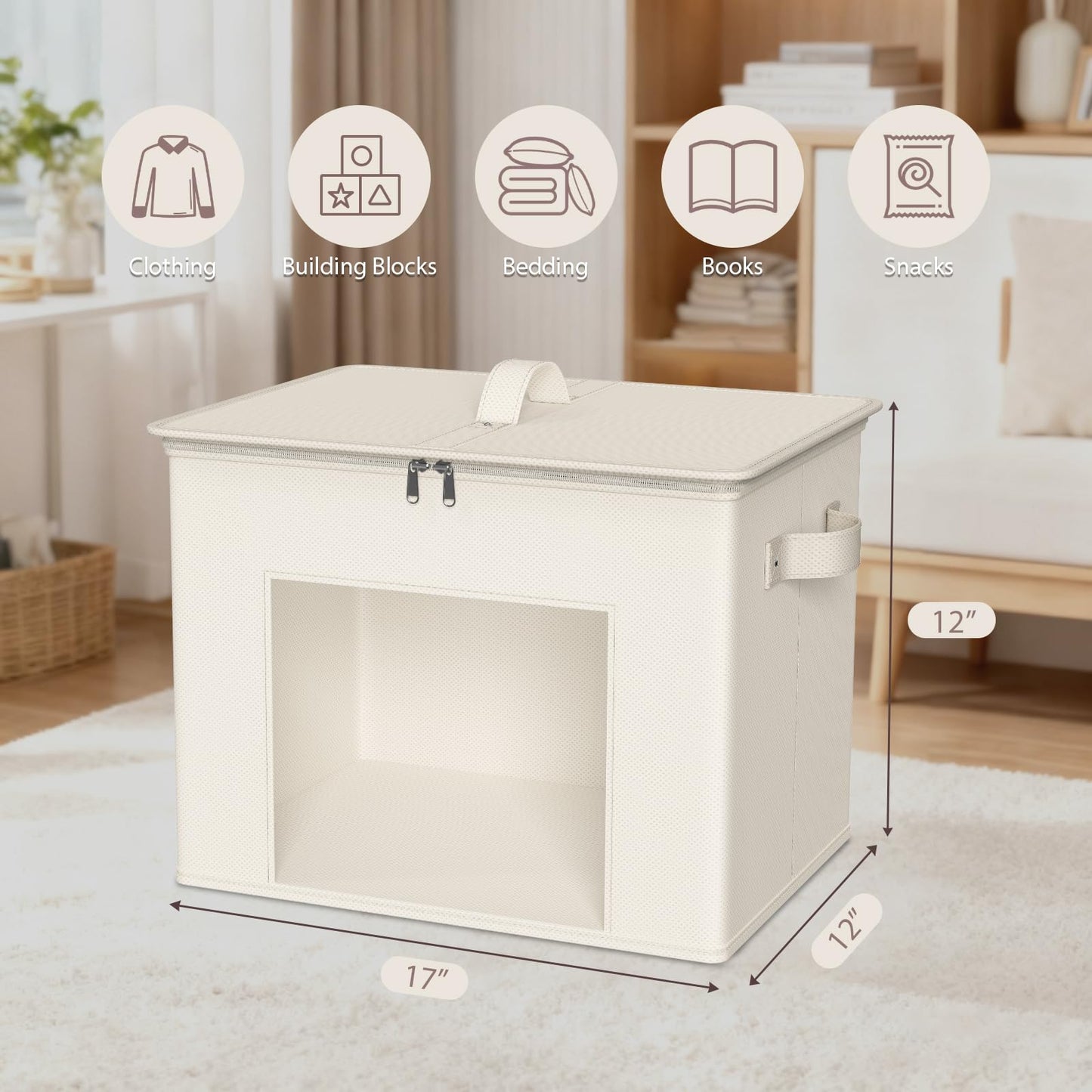 Zilink Fabric Storage Bins with Lid 4-Pack Stackable Cloth Storage Bins Sweater Organizer with Zipper & Clear Window Closet Organizers and Storage Box for Home, Office, Bedroom (Beige,17" x 12" x 12")