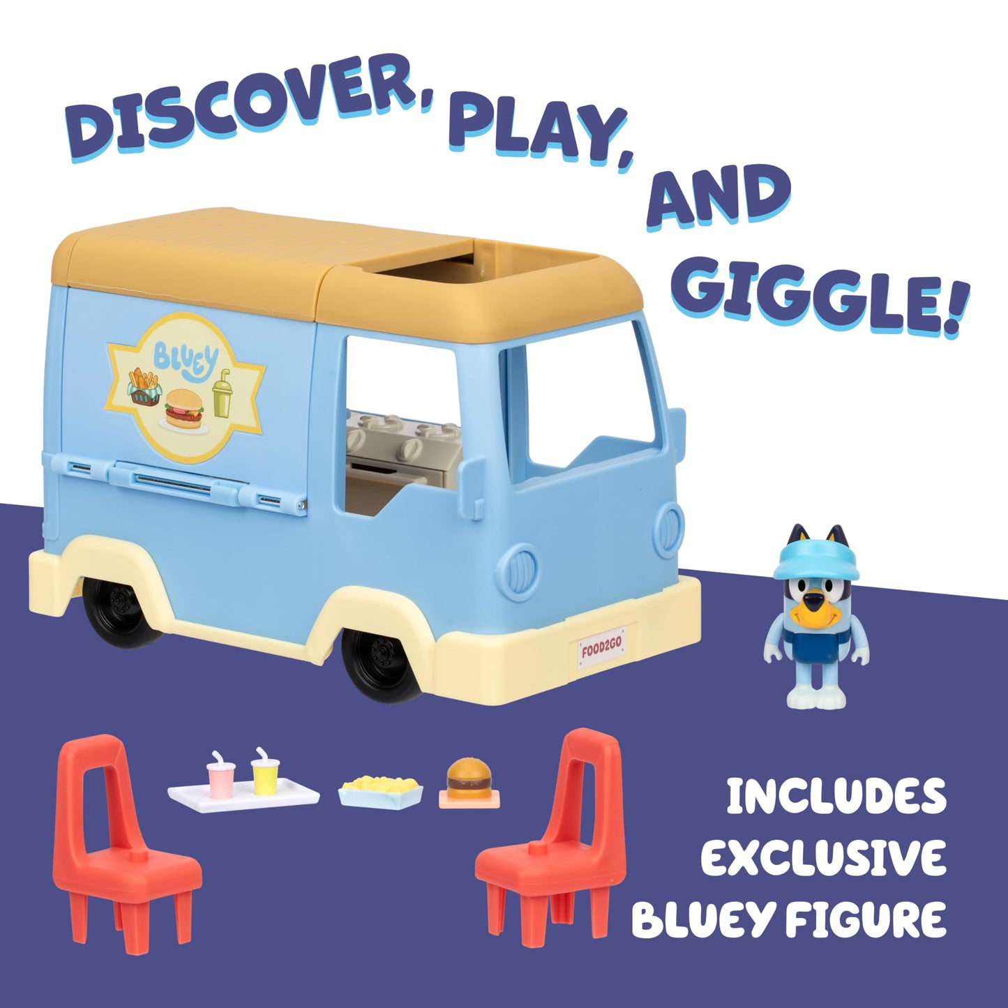 Bluey Transforming Food Truck Playset, Transforms Into a Café with Dining Area and Chairs. Includes Exclusive Bluey Figure Wearing Her Apron and Visor, 5 Accessories and Sticker Sheet
