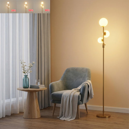 Fiqevs Dimmable 3 Globe Floor Lamp - Mid Century Modern Gold Standing Lamp with Frosted Glass Shade & LED Bulbs for Living Room, Bedroom, Office