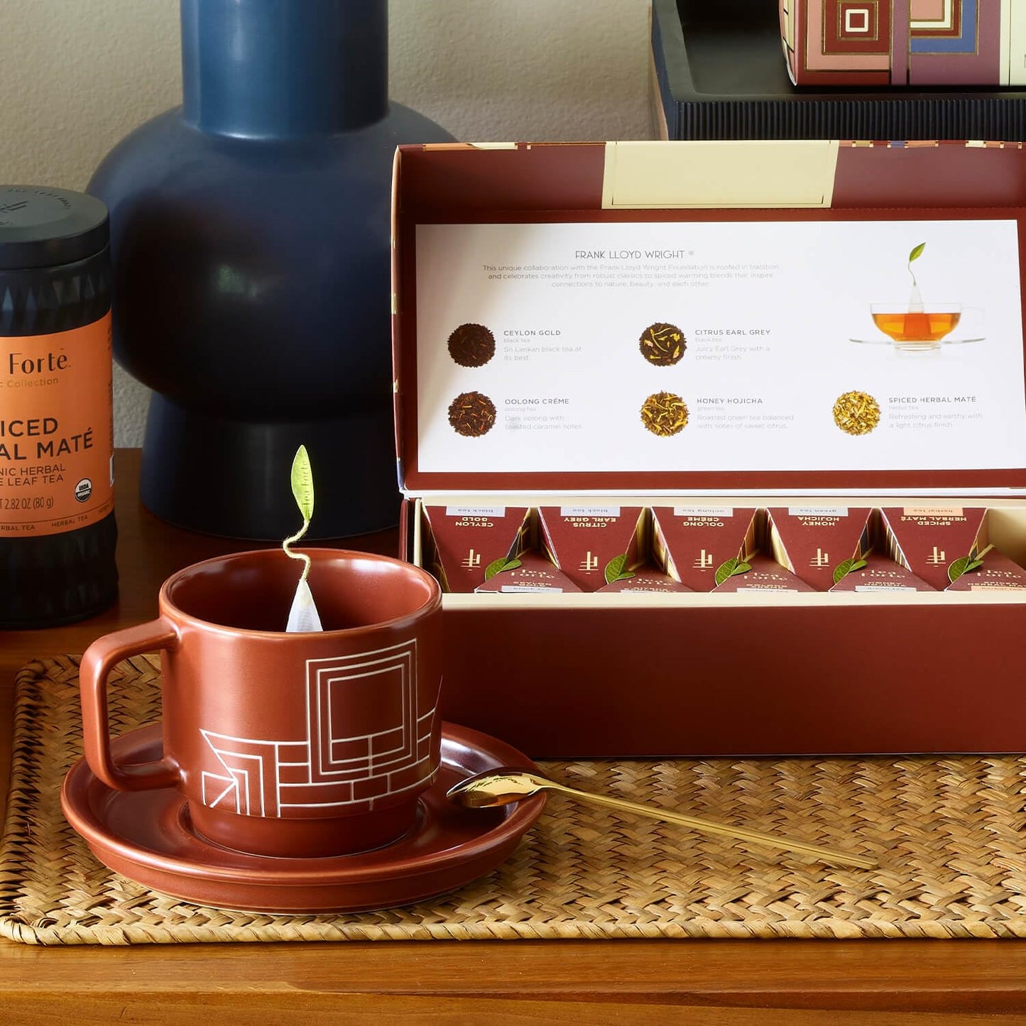 Tea Forte Terra Stoneware Teacup with Saucer, Frank Lloyd Wright, 8 oz. Stoneware Teacup for Steeping Pyramid Infusers, Dishwasher & Microwave Safe
