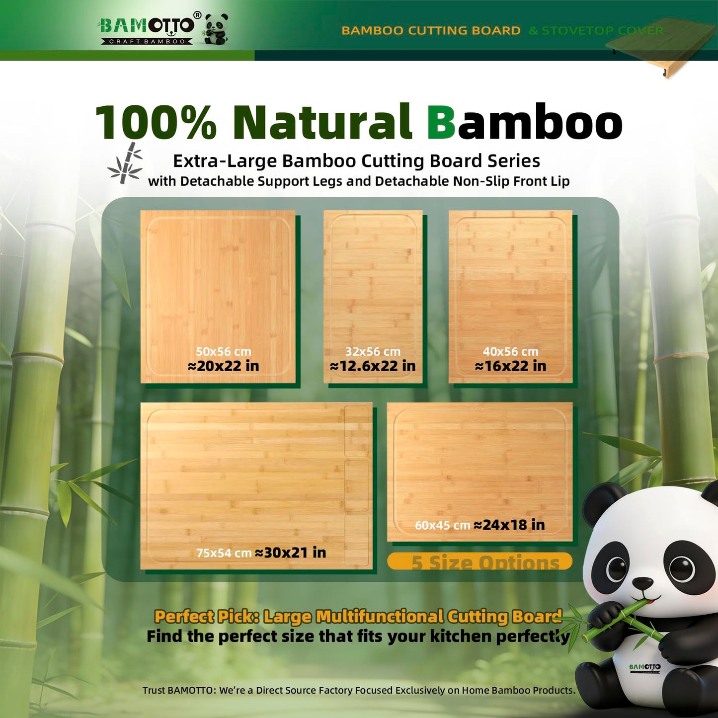 BAMOTTO CRAFTBAMBOO 16 x 22 Inch Bamboo Cutting Board, Over-the-Sink Board and Stovetop Cover with Detachable Support Legs & Front Lip, for RV Camper and Home Kitchen
