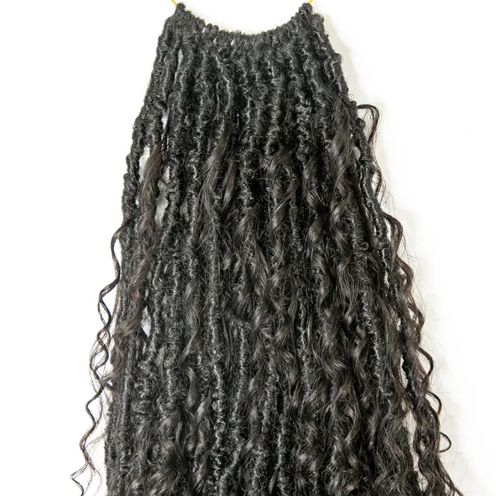 Crochet Boho Faux Locs with Human Hair Curls Pre-looped Goddess Crochet Locs Curly Ends Human Hair Soft Dreadlocks Braiding Hair for Black Women Natural Color 22Inch 24Locs