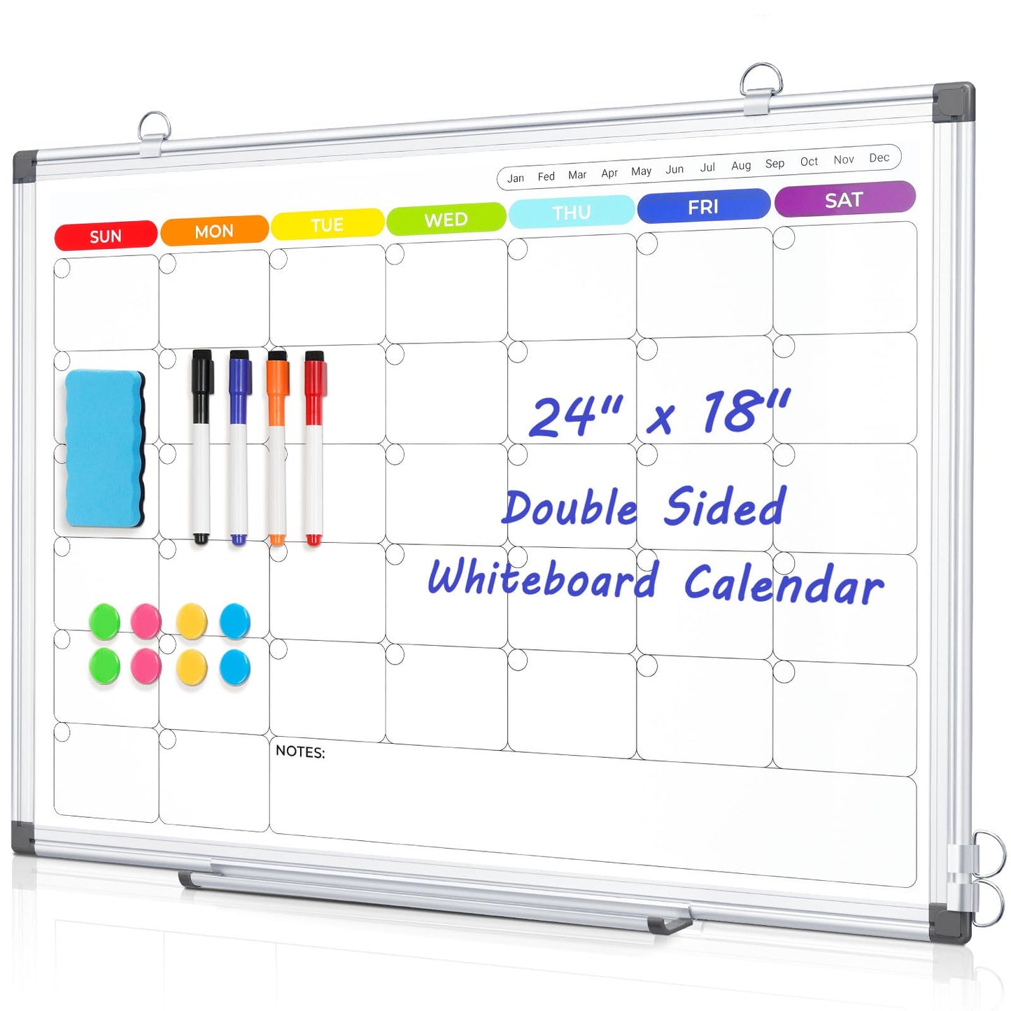 AMUSIGHT Dry Erase Board Calendar for Wall, 24" x 18" Magnetic Whiteboard Calendar, Colorful Monthly Calendar Whiteboard, Double-Sided Hanging Aluminum Frame White Board for Home, School, Office