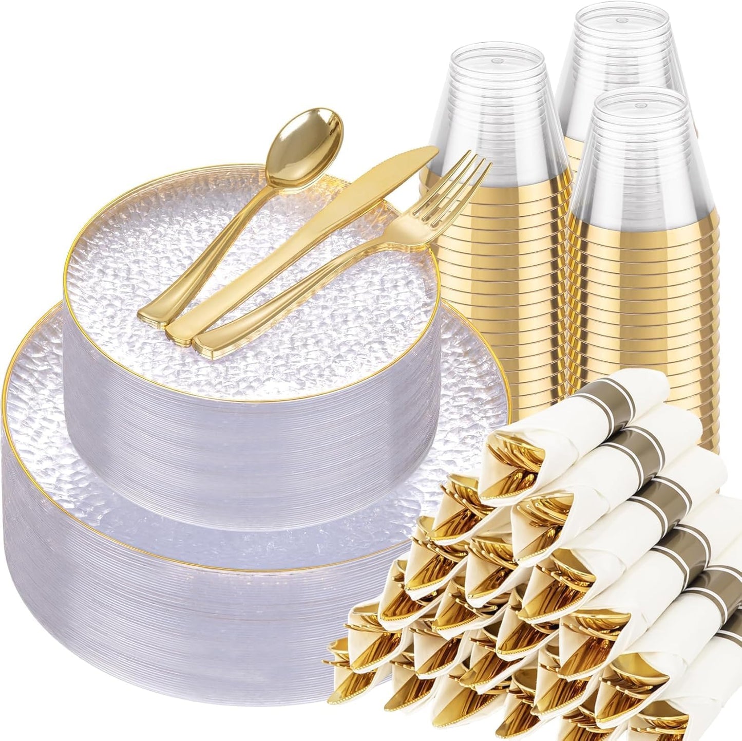 Hioasis 350pcs Clear Gold Plastic Plates - Clear Plastic Dinnerware Set Includes 50 Dinner Plate, 50 Dessert Plate, 50 Cups, 50 Napkins Perfect for Wedding & Party & Wedding