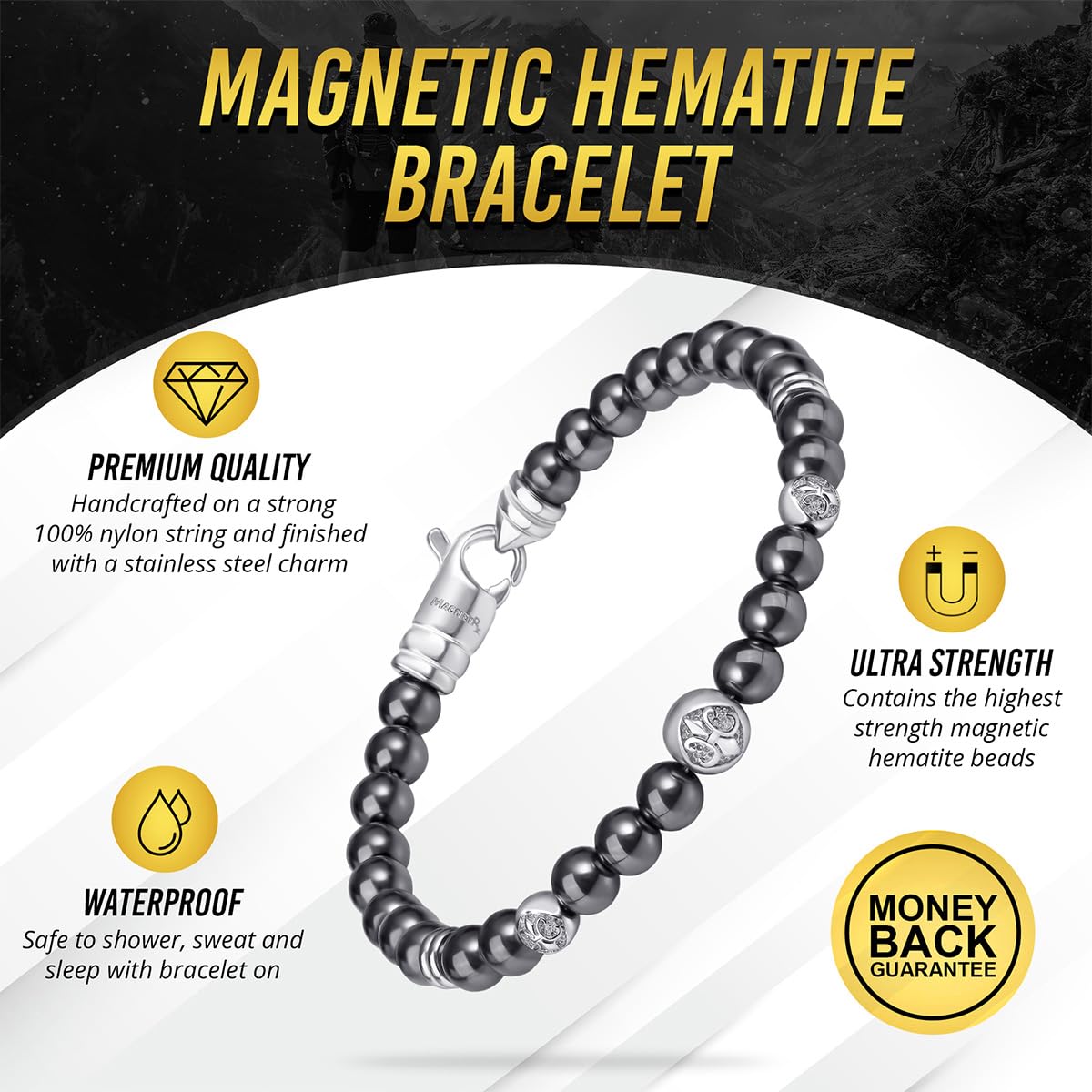 MagnetRX® Hematite Magnetic Bracelet – Max Strength Magnet Stones with Stainless Steel Charms – Elegant Magnetic Hematite Beaded Bracelets for Men (Armory | Large)