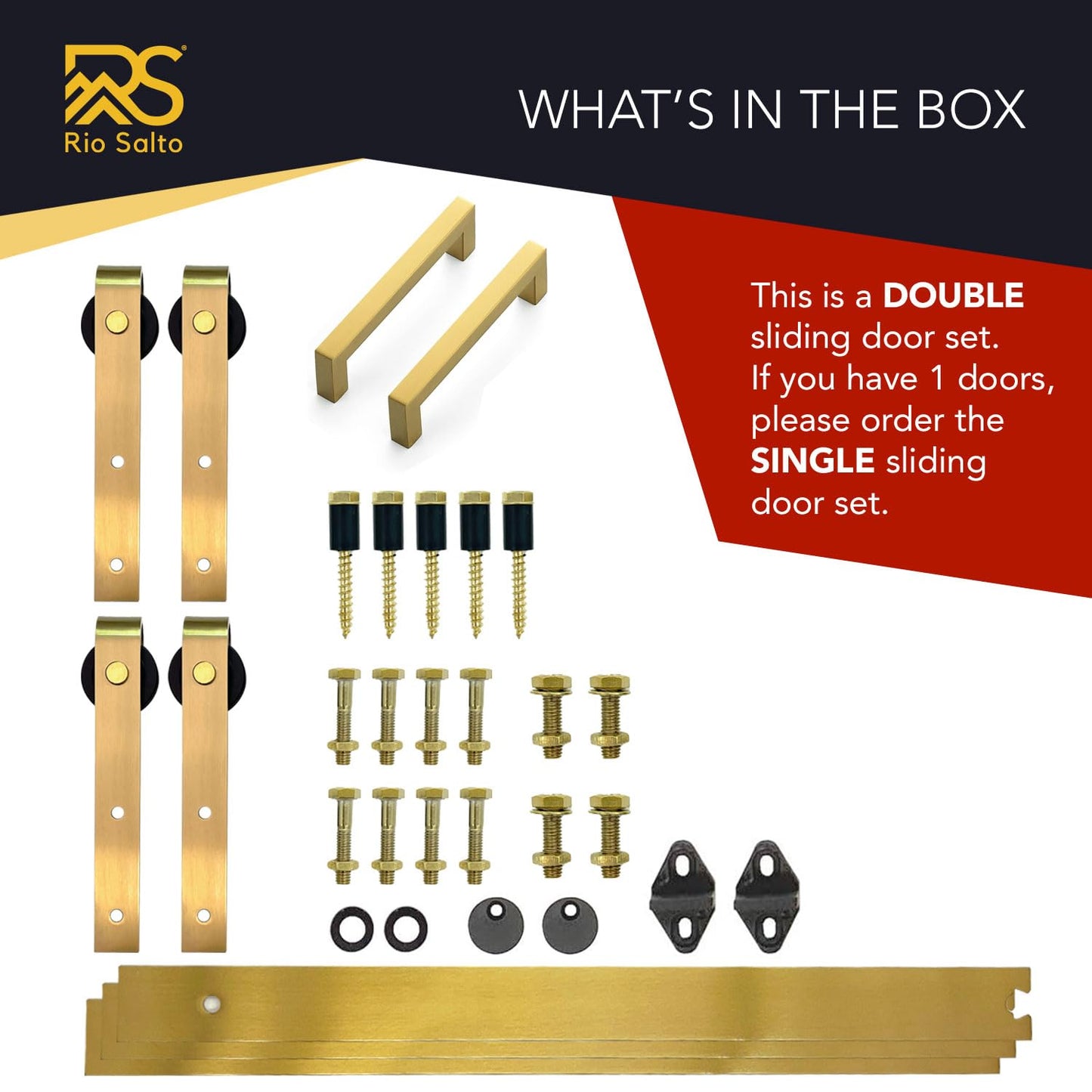 Rio Salto Mini Gold Barn Door Hardware Kit with Handles, Double Pannel Cabinet Sliding Barn Hardware Track for Sliding Furniture (Light Gold, 4FT Track Kit Plus Handles (Double Door)