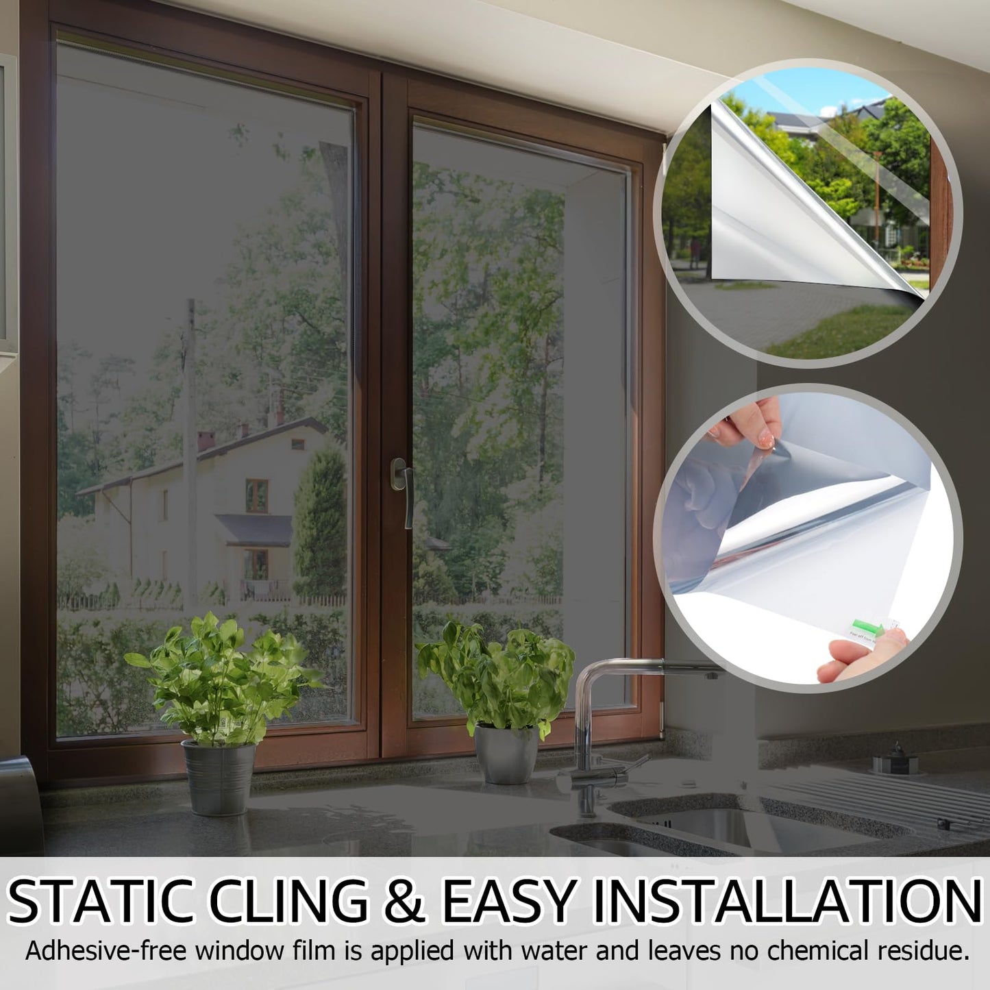 HIDBEA One Way Window Film, Daytime Privacy Sun Blocking Reflective Window Film No Glue Static Cling Heat Control Window Tinting Film for Home and Office, Black Silver, 29.5 x 157.5 Inch