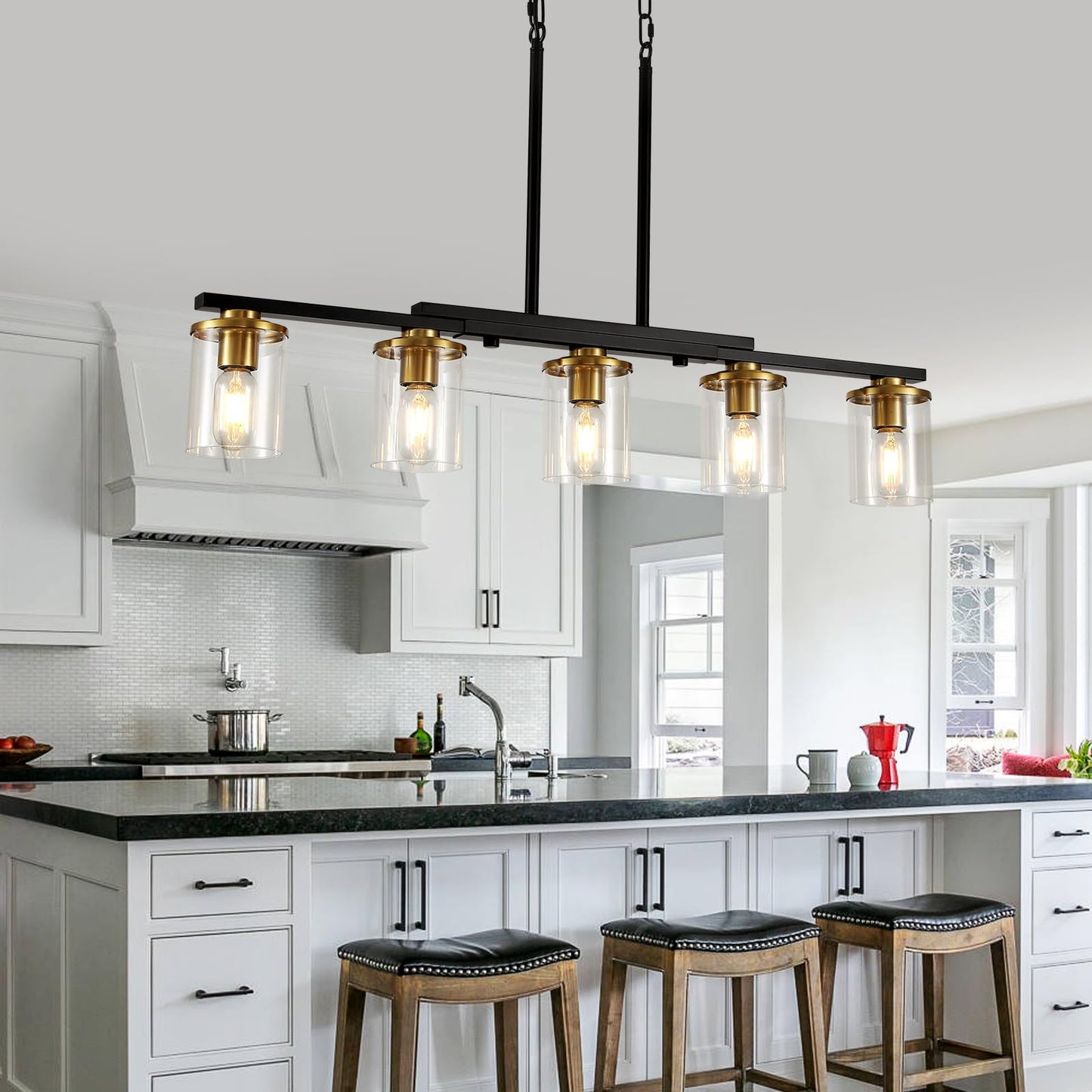 XvmBvm 36.2inch 5-Light Kitchen Island Lighting,Dining Room Lights Modern Farmhouse Chandelier with Clear Glass Shade,Modern Rustic Black and Gold Metal Chandelier, Kitchen Pendant Light Fixtures