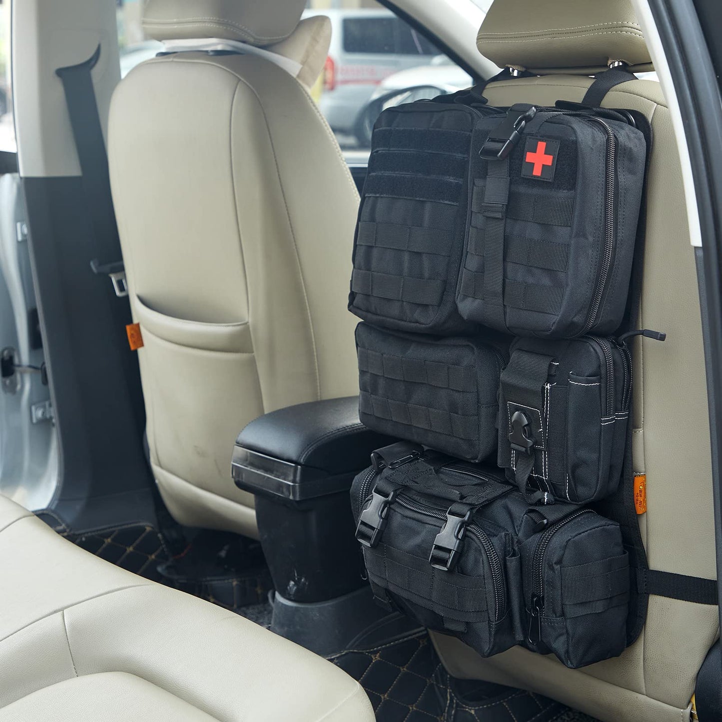 Universal Tactical Seat Back Organizer Vehicle Molle Panel Organizer Storage Bag with 5 Detachable Molle Pouch for All Vehicel Such as Jeep,Truck,SUV, Car, Ford,Chevy,Toyota etc. (A model-Black)