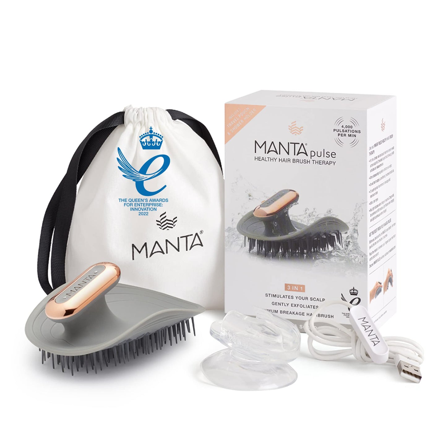 MANTA Pulse Electric Scalp Massager Shampoo Brush, Promotes Healthy Hair Growth, Head Scalp Scrubber, Hair Massager Scalp Exfoliation Brush, Use Dry or Wet, Waterproof Shower Brush for Hair, Grey