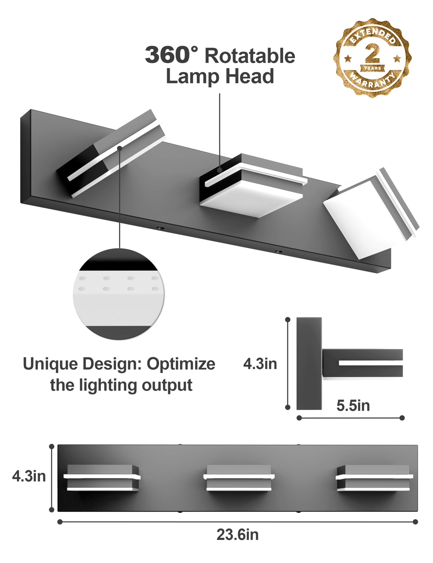 VOLISUN Modern Bathroom Vanity Light Fixtures (3-Light, 24-Inch), Matte Black LED Bathroom Lighting Fixtures Over Mirror, 360°Rotatable Head, LED Vanity Lights for Bathroom (Cool White 6000K)