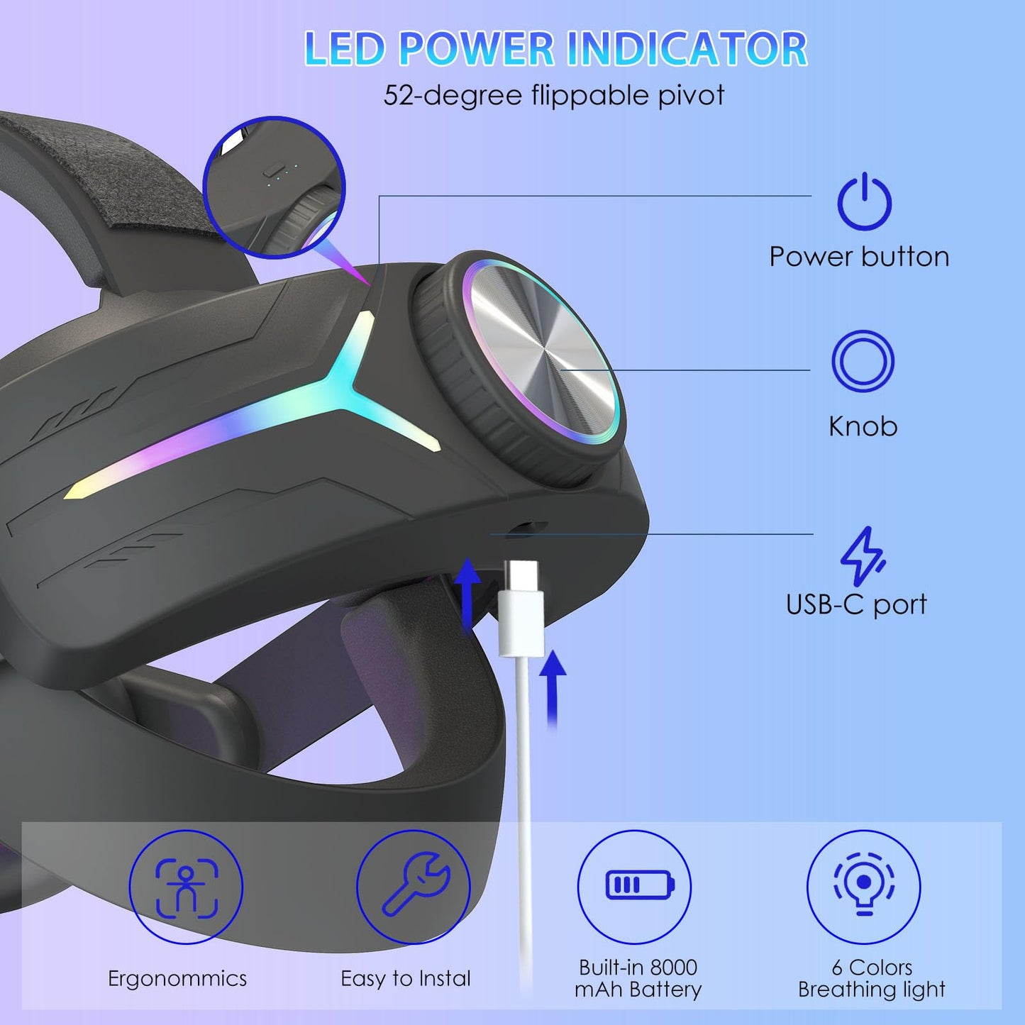 MLemonVR Comfortable Headset Accessory for Oculus/Meta Quest 3/3S,RGB Lights with Battery,Quick Charge for Extended Play, Removable Battery,Adjustable Elite (Black)