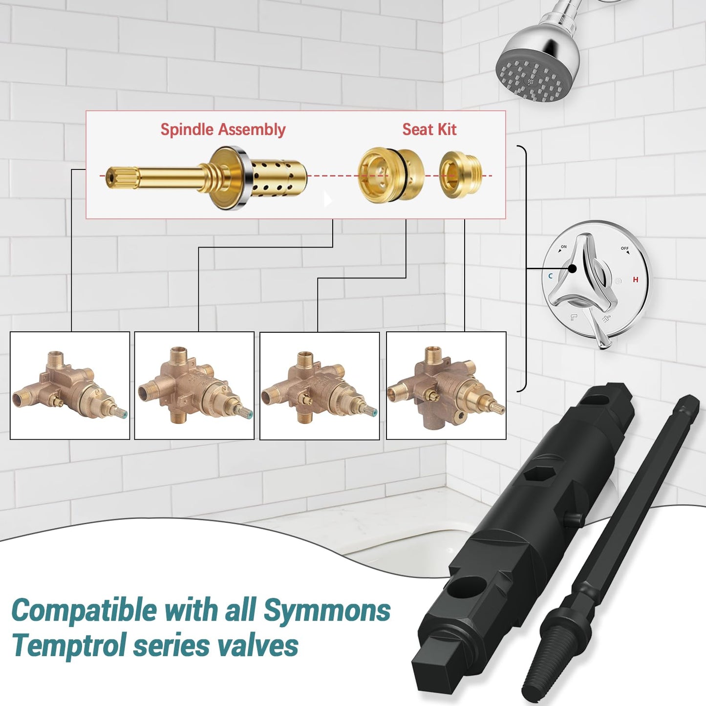 T35C-PRO Temptrol Universal Seat Removal Tools for Symmons, Professional Multi-Function Removal Tool Removes Hot Cold Seats, Manual and Electric Use, Steel Construction