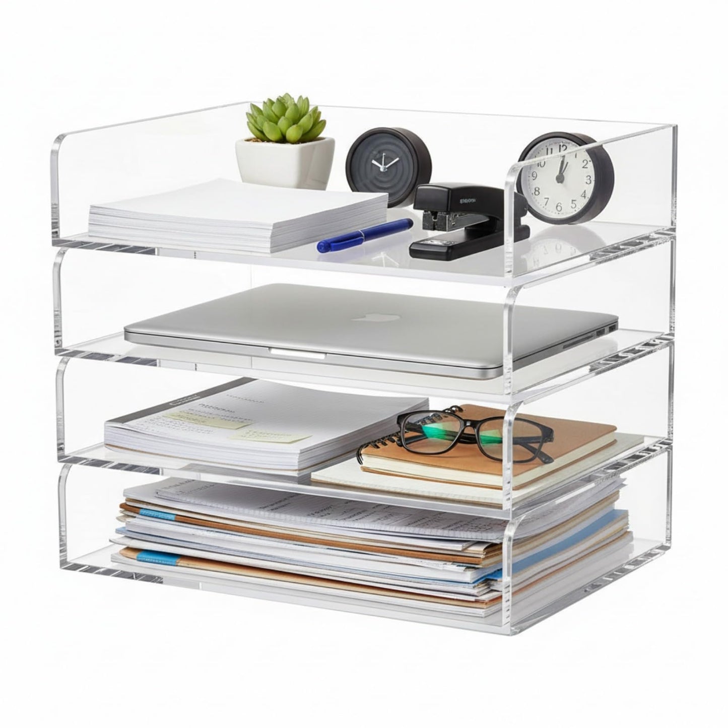 Harloon 4 Tier Paper Organizer Letter Tray Acrylic Desk File Organizer Heavy Duty Stackable Documents Clear Letter Paper Holder Sorter Office Tray for A4, Office Classroom Home File Pad Notebooks