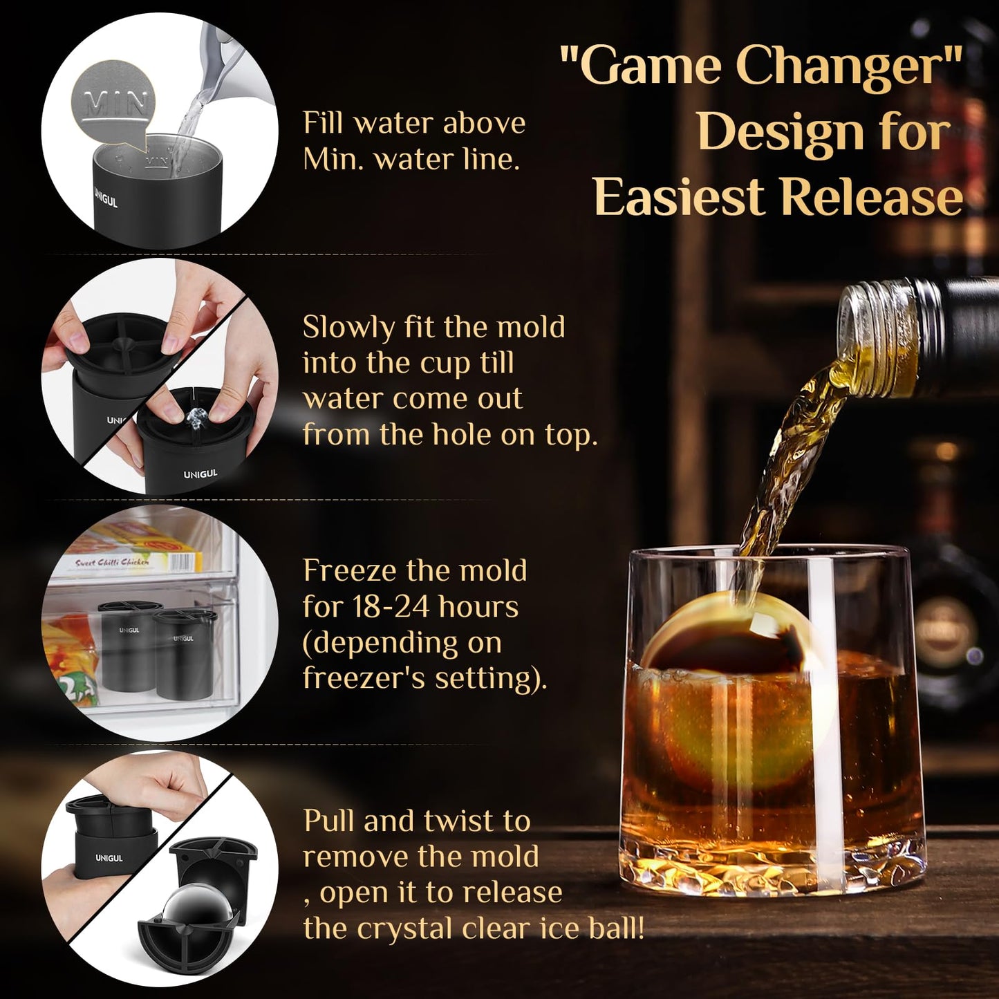 Clear Ice Cube Maker, 2.5" Stainless Steel Crystal Clear Ice Ball Maker, Non-BPA Silicone Ice Cube Molds for Whiskey Easy Release Ice Maker, Bourbon Gifts for Men (Black, 4 PACK)