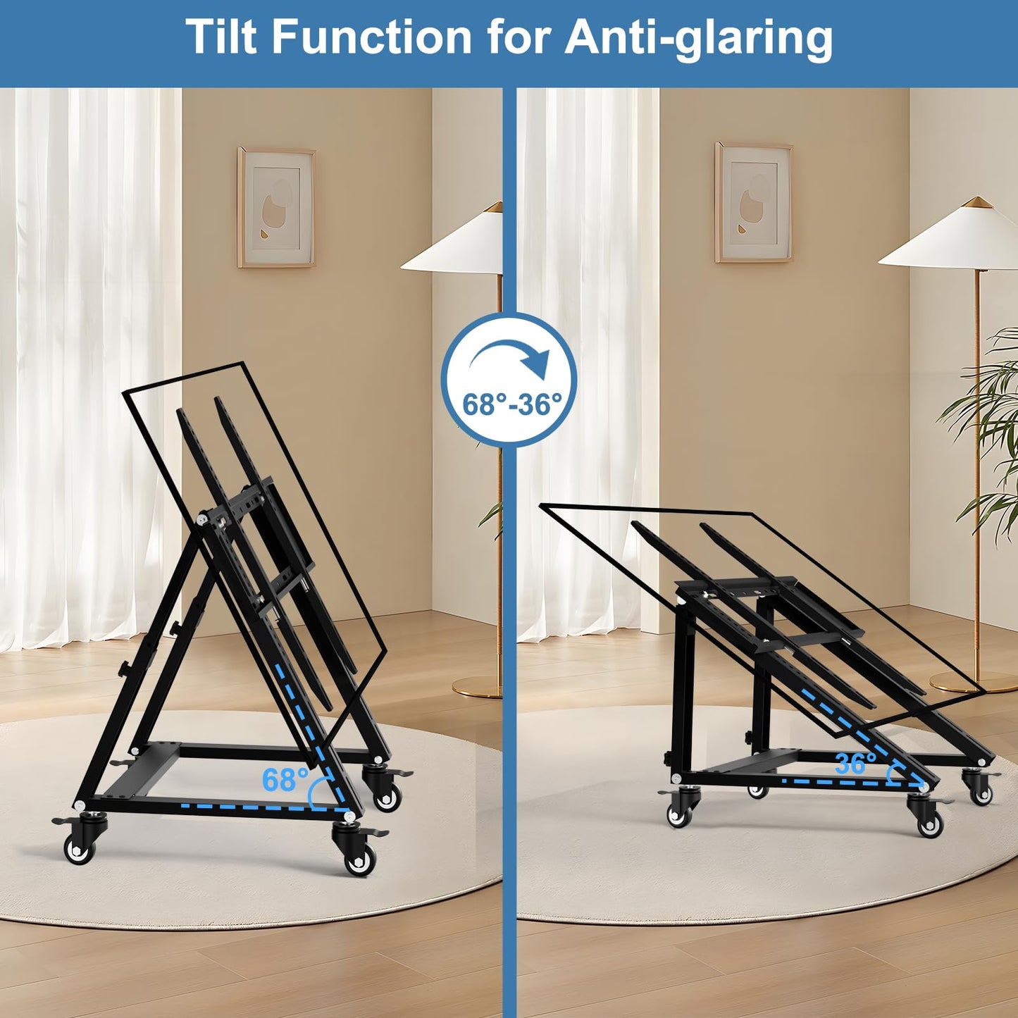 Duiliuu Low Height Mobile TV Stand, Low TV Stand with Wheel for 26-65 inch TV, Hight Adjustable, 36° -68° Adjustable Viewing Angle,Max 50KG, Vesa 600×500, Confidence Monitor Stand
