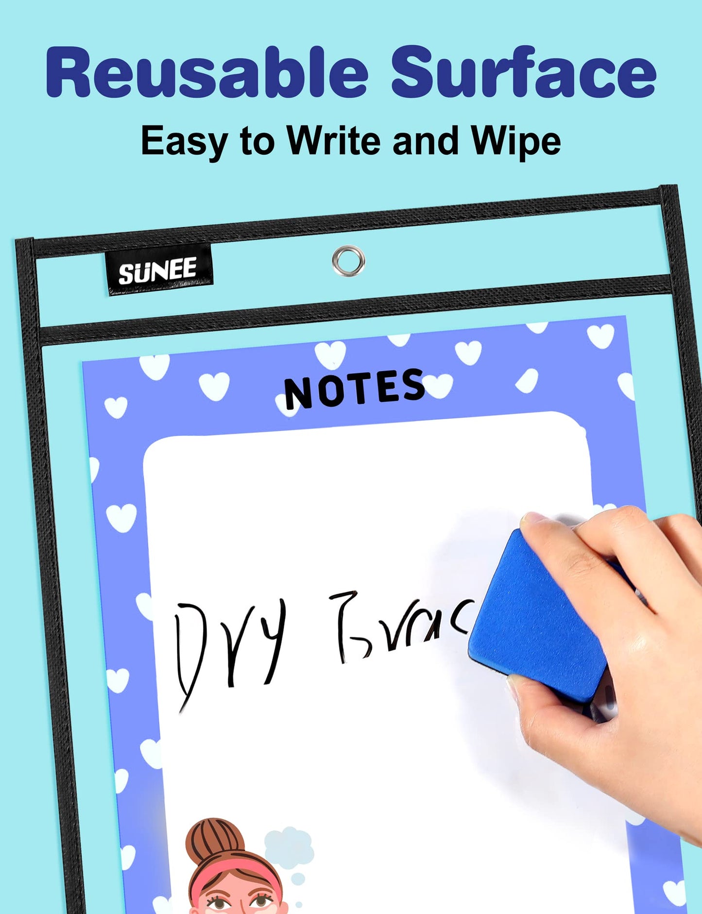 SUNEE 50 Packs Oversized Reusable Dry Erase Pocket Sleeves with 3 Rings, Black 10x14 Ticket Holders, Clear Plastic Sheet Protectors, Teacher School Classroom Supplies