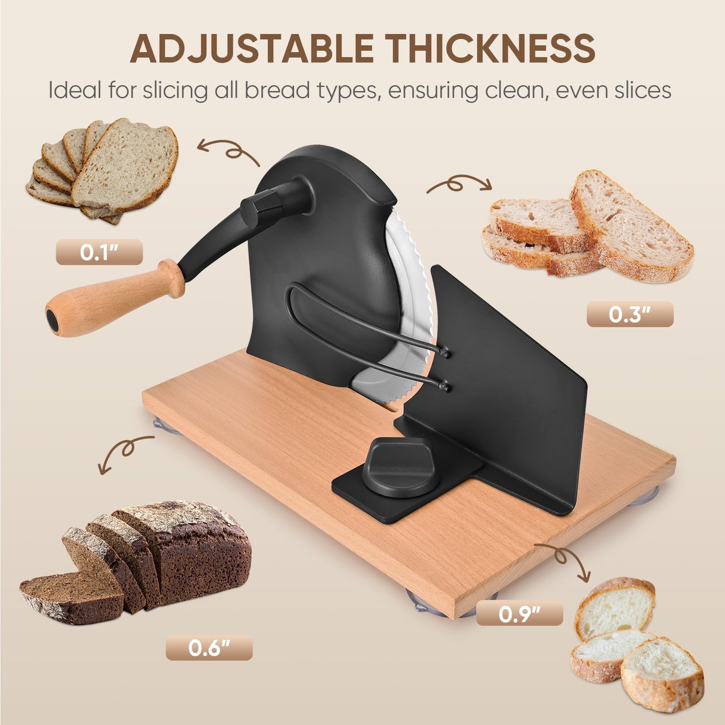 SOWKIPE Manual Bread Slicer with Hand Crank, Classic Home Bread Slicer for Homemade Sourdough, Rotary Slicer with Adjustable Thickness, Premium Stainless Steel & Powerful Suction Cups (Black)