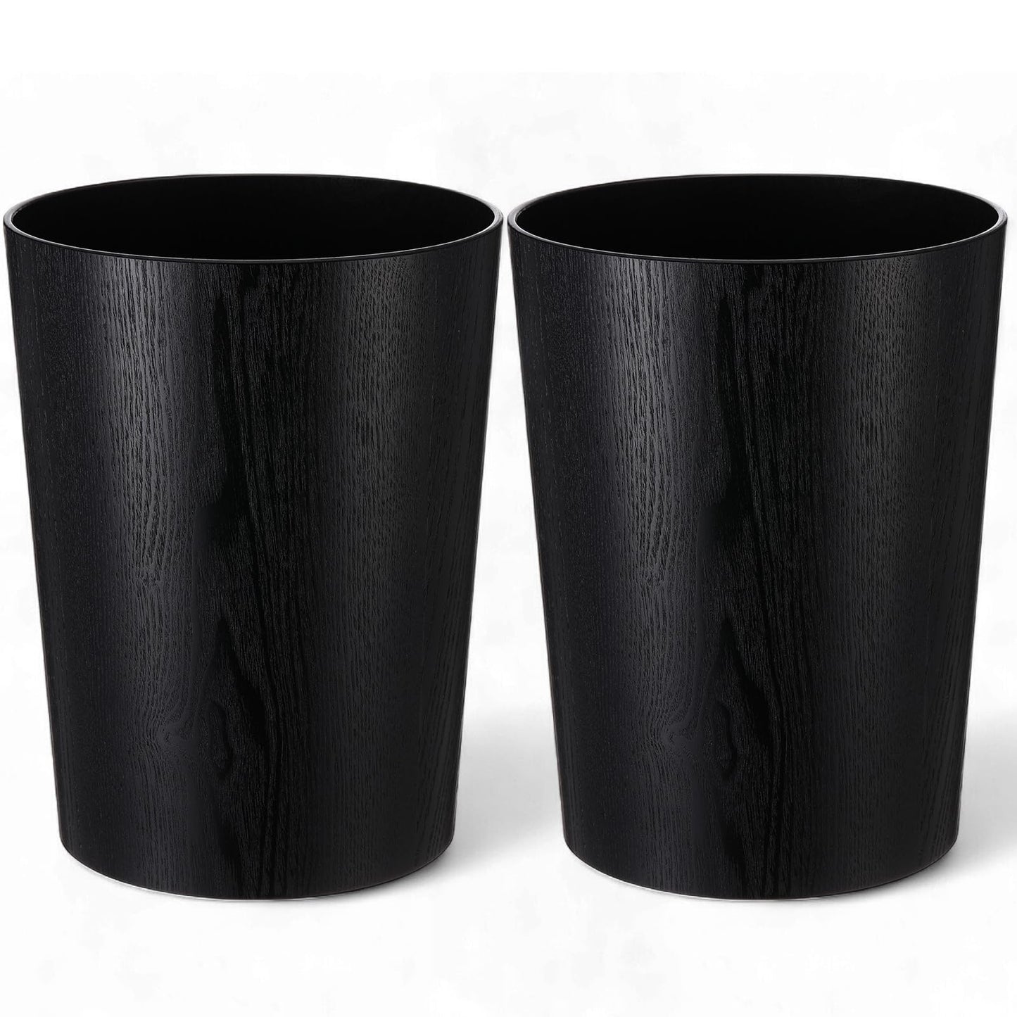 Threehoney 2 Pack 2.3 Gallons Wood Trash Can Wastebasket Natural Wood Round Wastebasket Small Trash Bin for Home, Office Under Desk, Kitchen, Bedroom, Hotel, Room(Black,Flat)