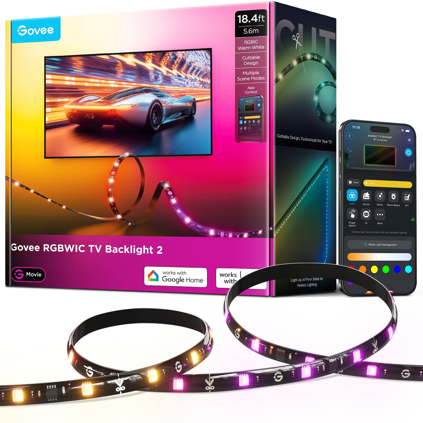 Govee TV LED Backlight 2, 18.4ft Cuttable TV Lights for 32-86 Inch TVs, Color Changing RGBWIC LED Strips Lights with 210+ Scene Modes & Music Sync, Smart APP and Voice Control, Easy Install