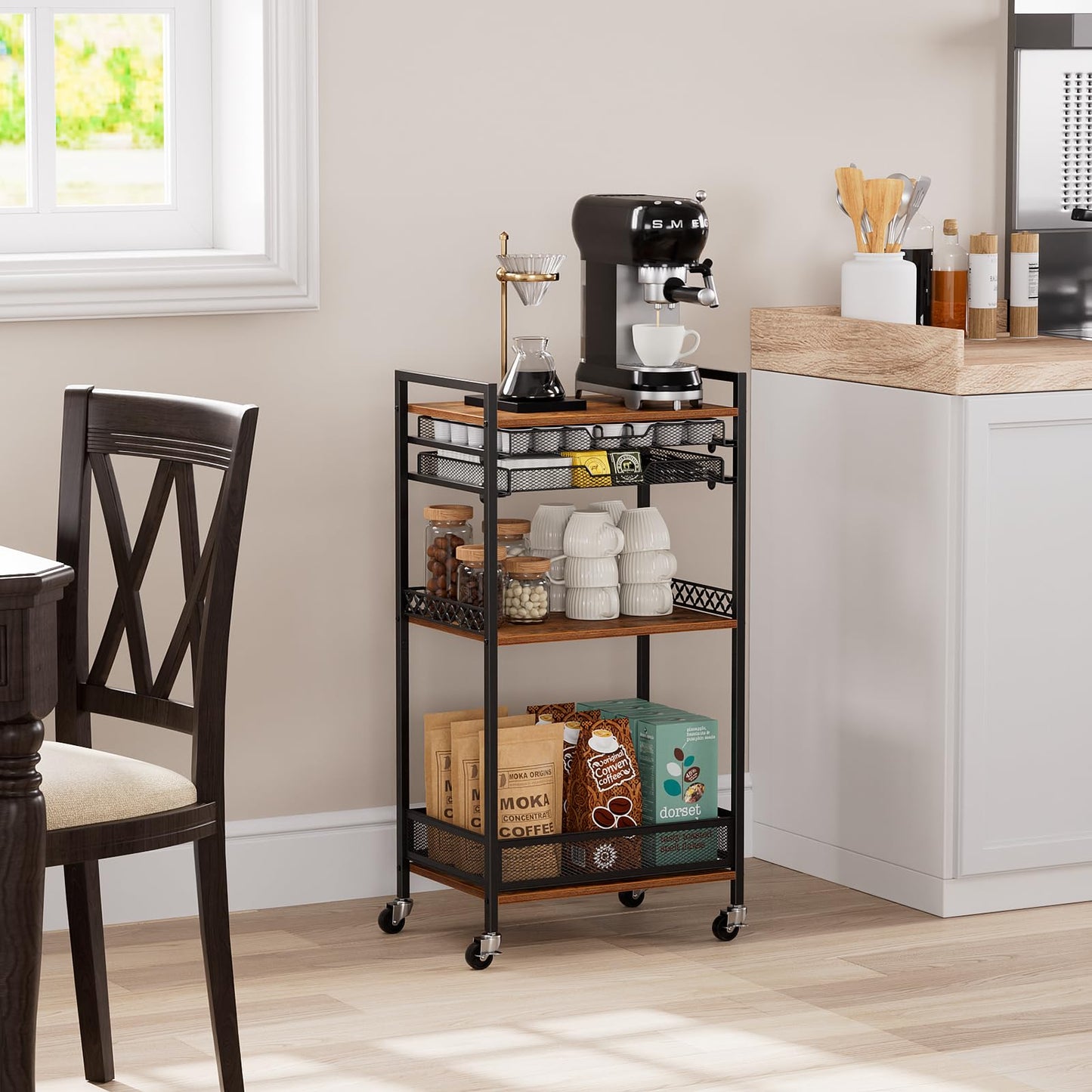 Plaviya K Cup Holder Rack, Coffee Station Organizer for Nespresso Vertuo and K Cup Capsules, Multi-Functional Bar Accessories Organizer With Wheels for Living Room, Kitchen