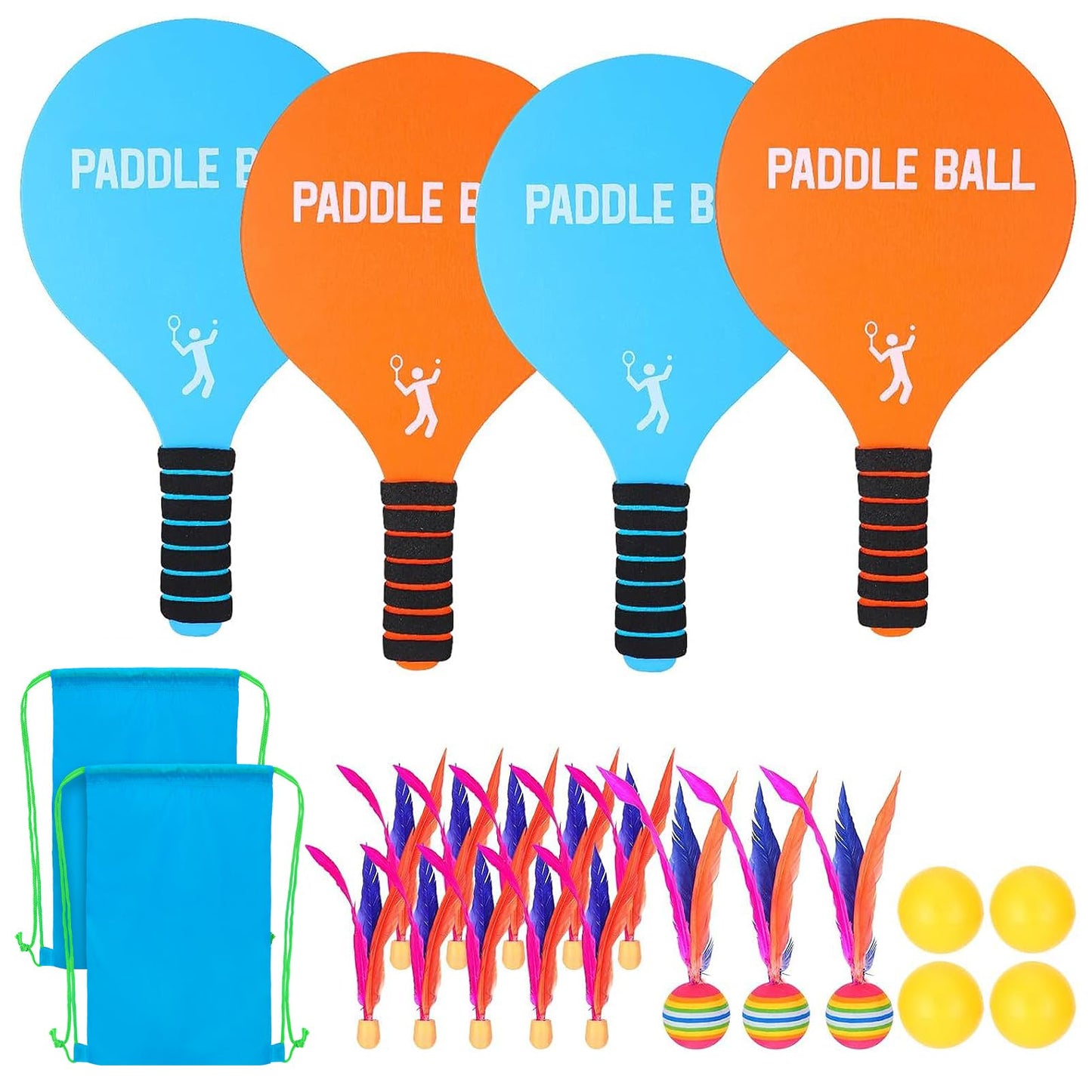 Beeplove 2 Paddle Ball Sets - Funny Paddleball Rackets Game, Outdoor Sports Toys for Kids Adults Family Games Yard Lawn Party Supplies(4 Paddles, 4 Balls, 2 Drawstring Bags)