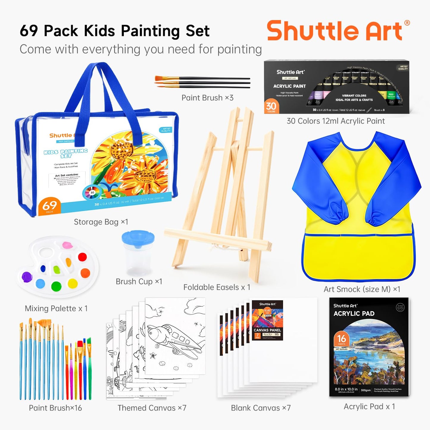 Shuttle Art 69 Pack Kids Paint Set, Art Set for Kids with 30 Colors Acrylic Paint, Wood Easel, Canvas, Painting Pad, Brushes, Palette and Smock, Complete Paint Set for Boys and Girls (package may vary)