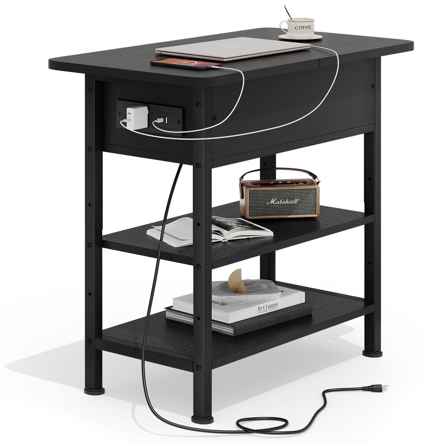 GRUSIGN End Table with Charging Station, Flip Top Side Table with USB Ports and Outlets, 3-Tier Small Side Table with Storage for Small Space, End Tables for Living Room/Bedroom, Black