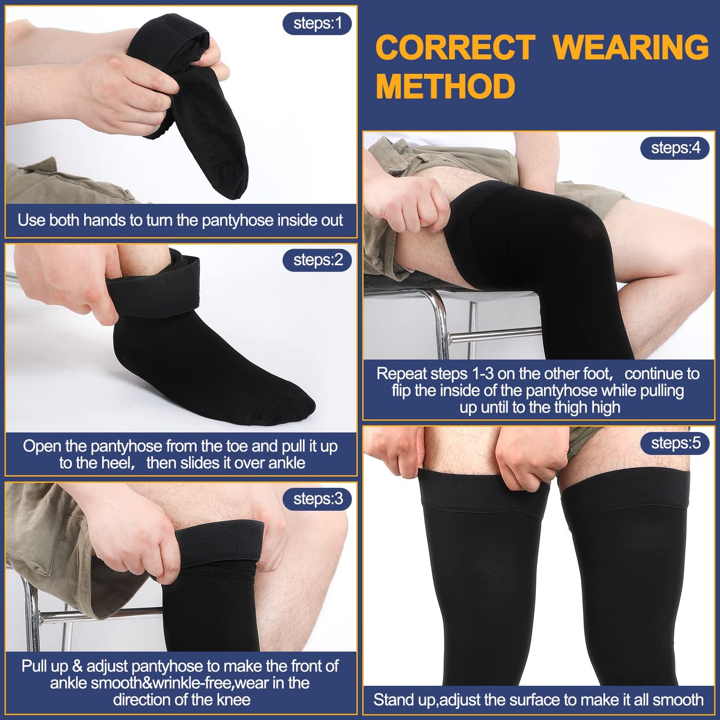 Zhanmai 2 Pairs Thigh High Men's Compression Socks 20-30 Mmhg Compression Stocking with Silicone Grip Men's Dress Socks (Large)