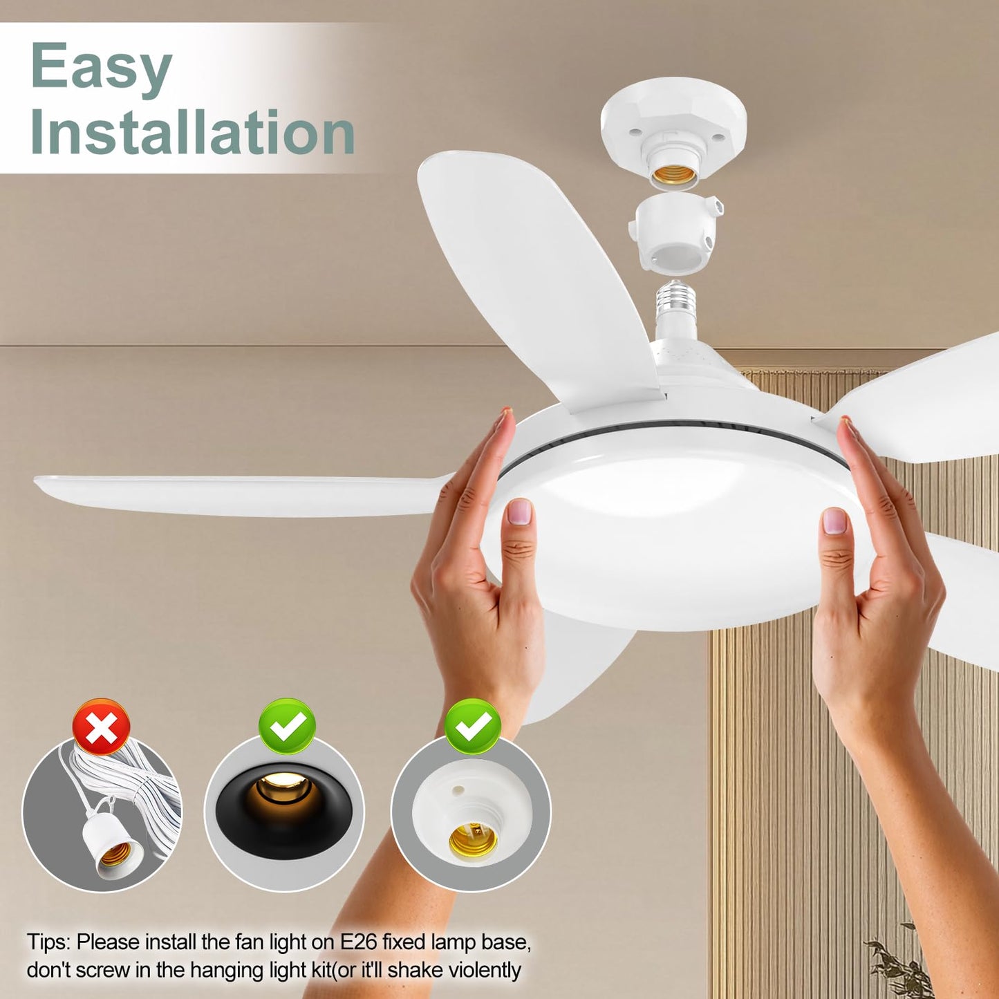 WZZIW 32" Socket Fan Light, 3000 Lumens Small Ceiling Fans with Lights and Remote, E26/E27 Light Bulb Fan with Reversible Motor, Dimmable 3000K-6500K Light Socket Fan for Bedroom Kitchen Garage