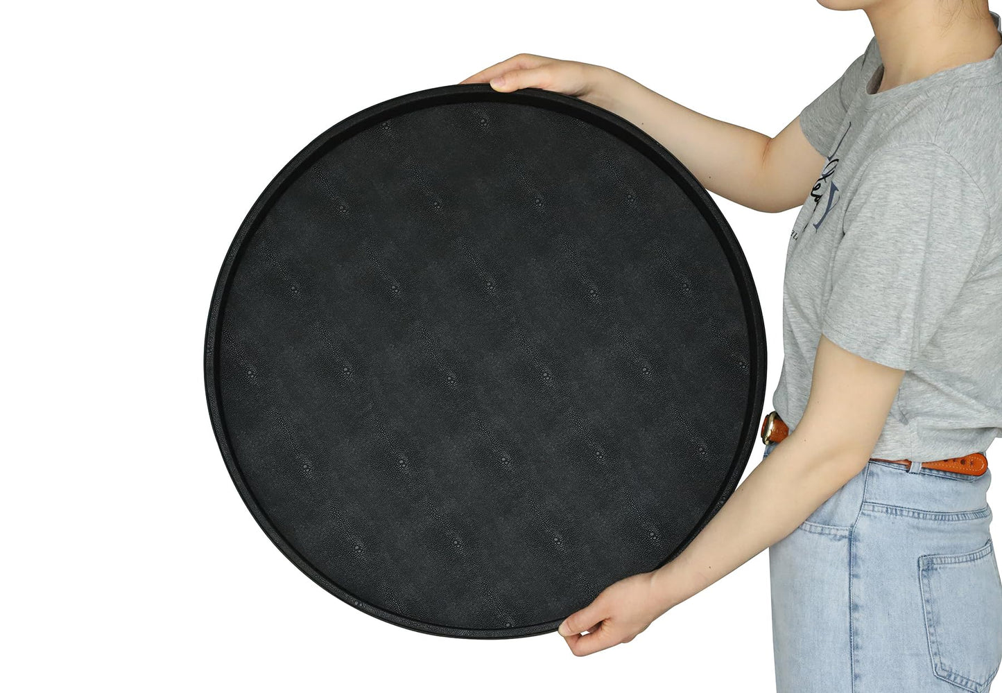 HofferRuffer Extra Large Round Serving Tray 24'', Elegant Oversized Faux Leather Circle Ottoman Table Tray, Serve Tea Coffee Breakfast in Bedroom Living Room Kitchen (Classic Black)