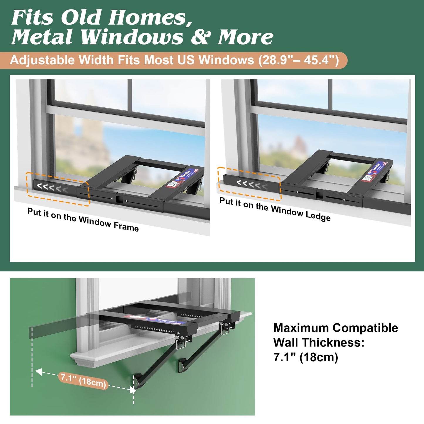Marudina Upgraded No-Drill Window AC Bracket, Adjustable Window Air Conditioner Support Bracket for Single/Double Hung Windows, Heavy-Duty Holds 300lbs,Easy Installation, Rustproof Aluminum