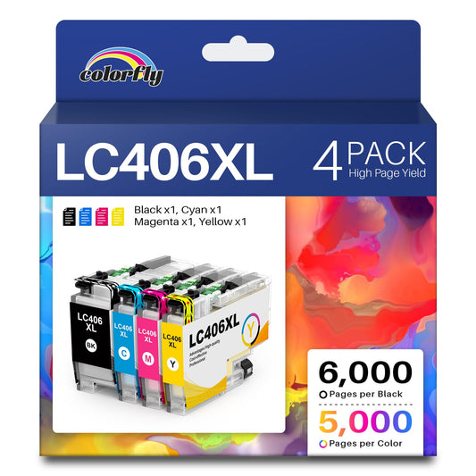 colorfly LC406XL High Yield Ink Cartridges for Brother Printer LC406 Ink Cartridges LC406XL LC 406 XL use with Brother MFC-J4335DW MFC-J5855DW MFC-J5855DW MFC-J6955DW Printer (4 Pack BK/C/M/Y)