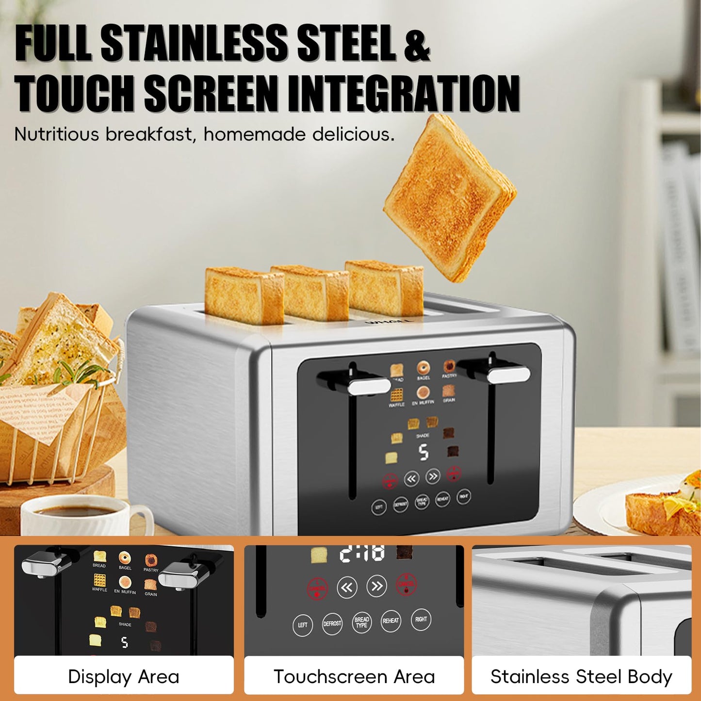 Whall 4-Slice Smart Toaster with Touchscreen & Extra-Wide Slots, Dual Independent Control, 6 Browning Levels & 6 Bread Types, Memory Function,Countdown Timer, Ideal Kitchen Gift,Platinum