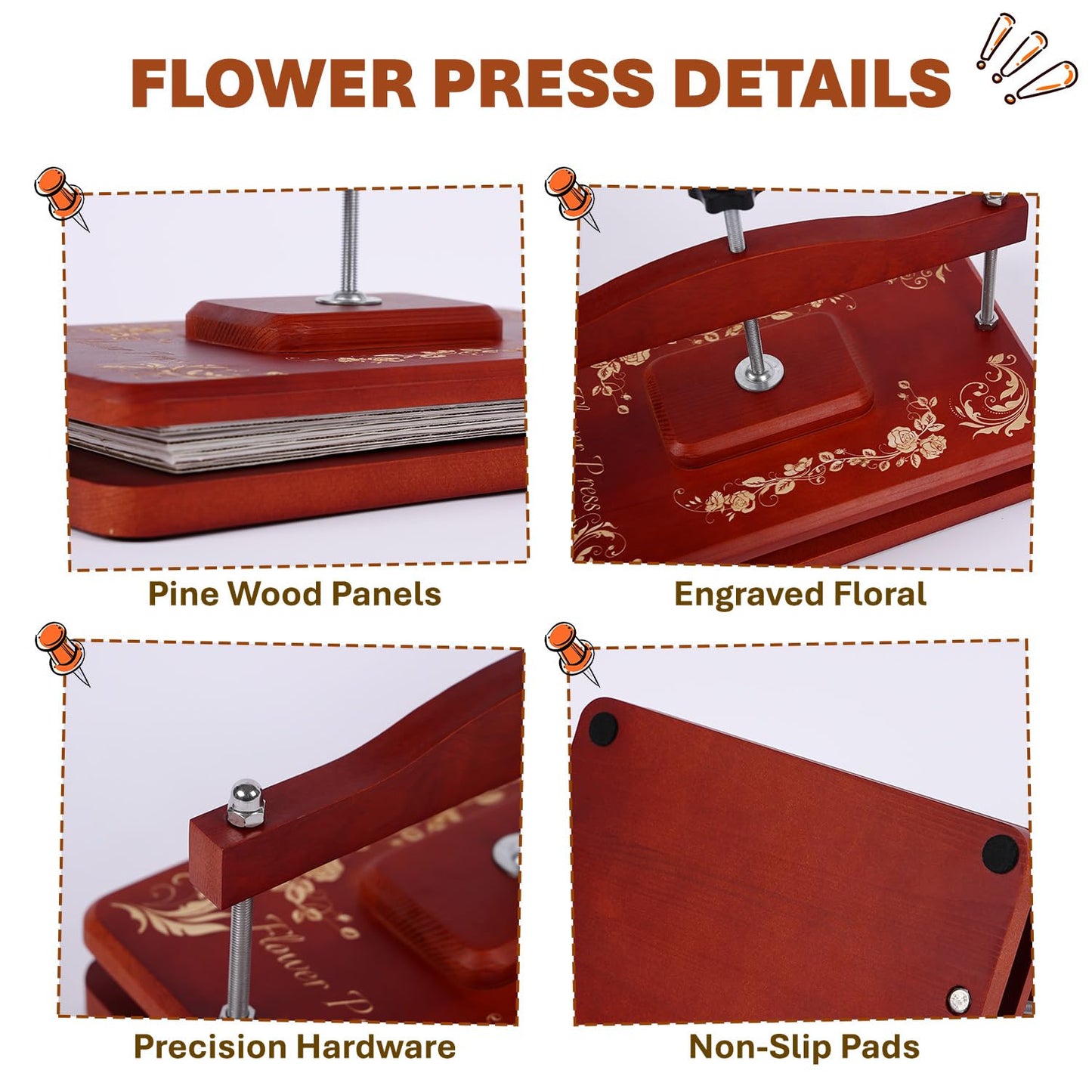 Nuvograin Red Pine Flower Press Kit,Easy One-Step Wooden Plant Press,10 x 6 inch Flower Presser for Kids & Adults, Great for Thanksgiving & Christmas Gifts