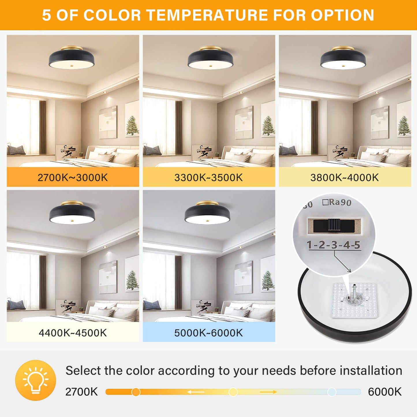 ONESMING Dimmable LED Ceiling Light Fixture, 2700K-6000K 5CCT Modern Mid-Century Semi Flush Mount Ceiling Light, Black Close to Ceiling Lamp for Kitchen, Laundry Room, Bedroom, Hallway, 11.8in